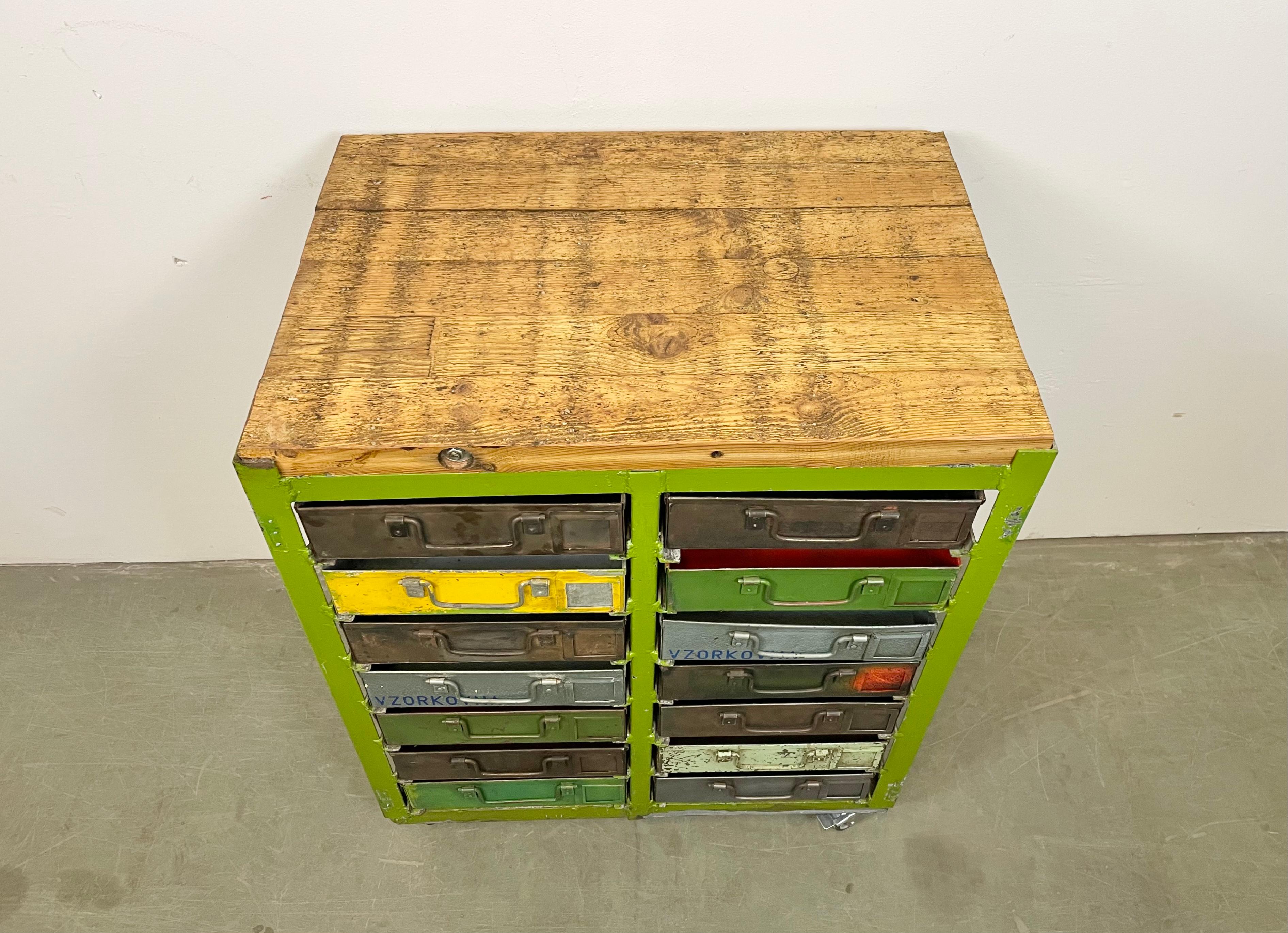 Czech Vintage Industrial Iron Chest of Drawers on Wheels, 1950s