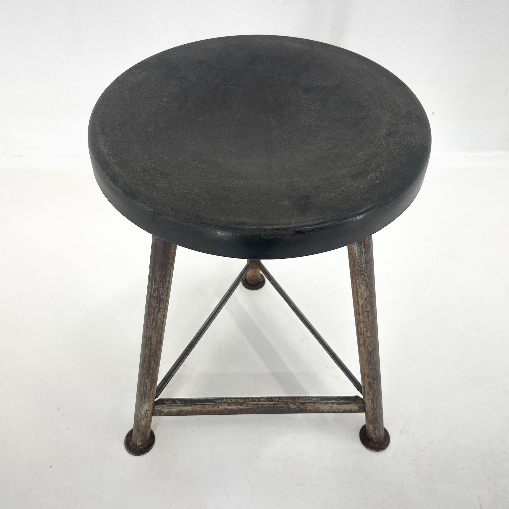 Czech Vintage Industrial Iron Tripod Stool with Original Plastic Seat, 1950s For Sale