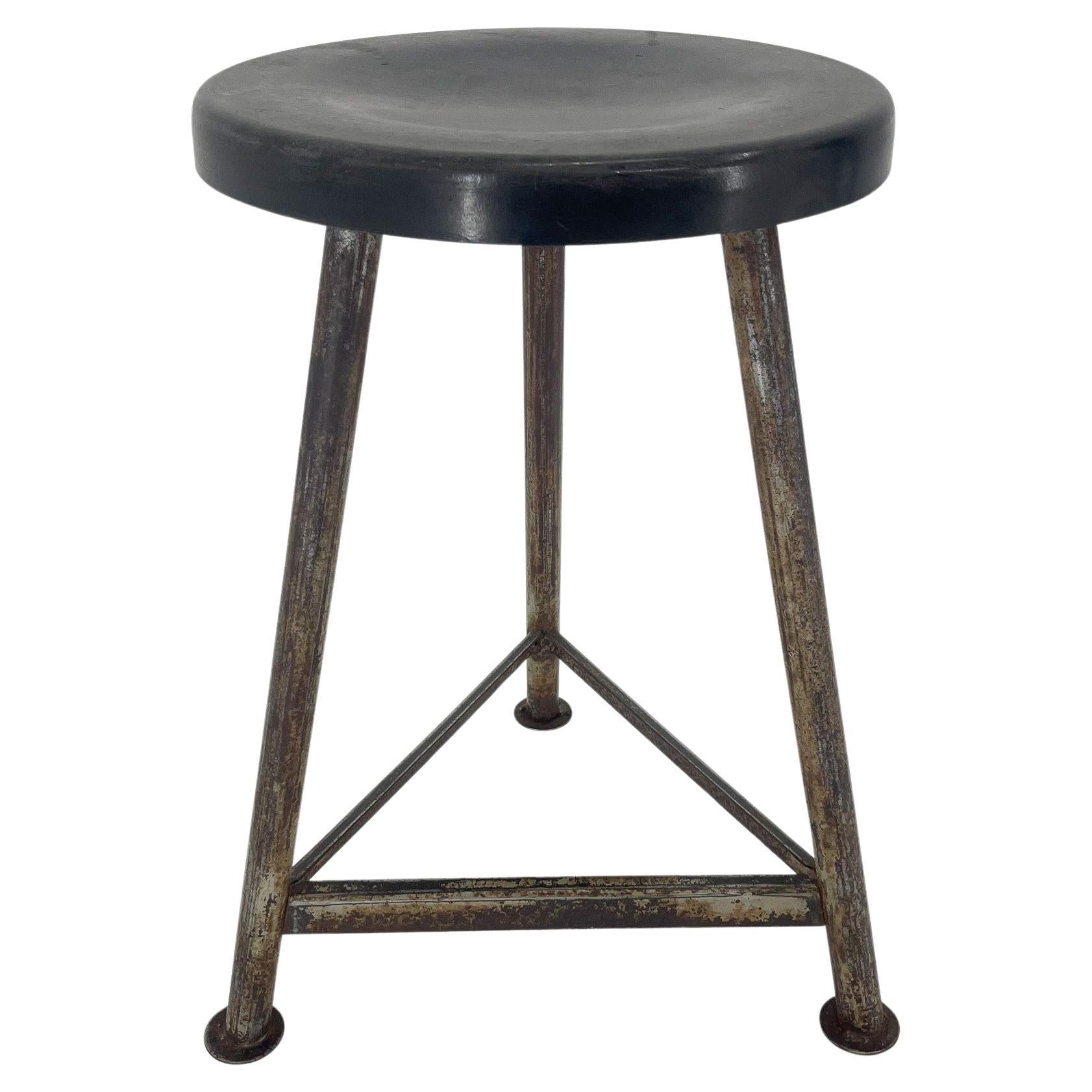 Vintage Industrial Iron Tripod Stool with Original Plastic Seat, 1950s For Sale