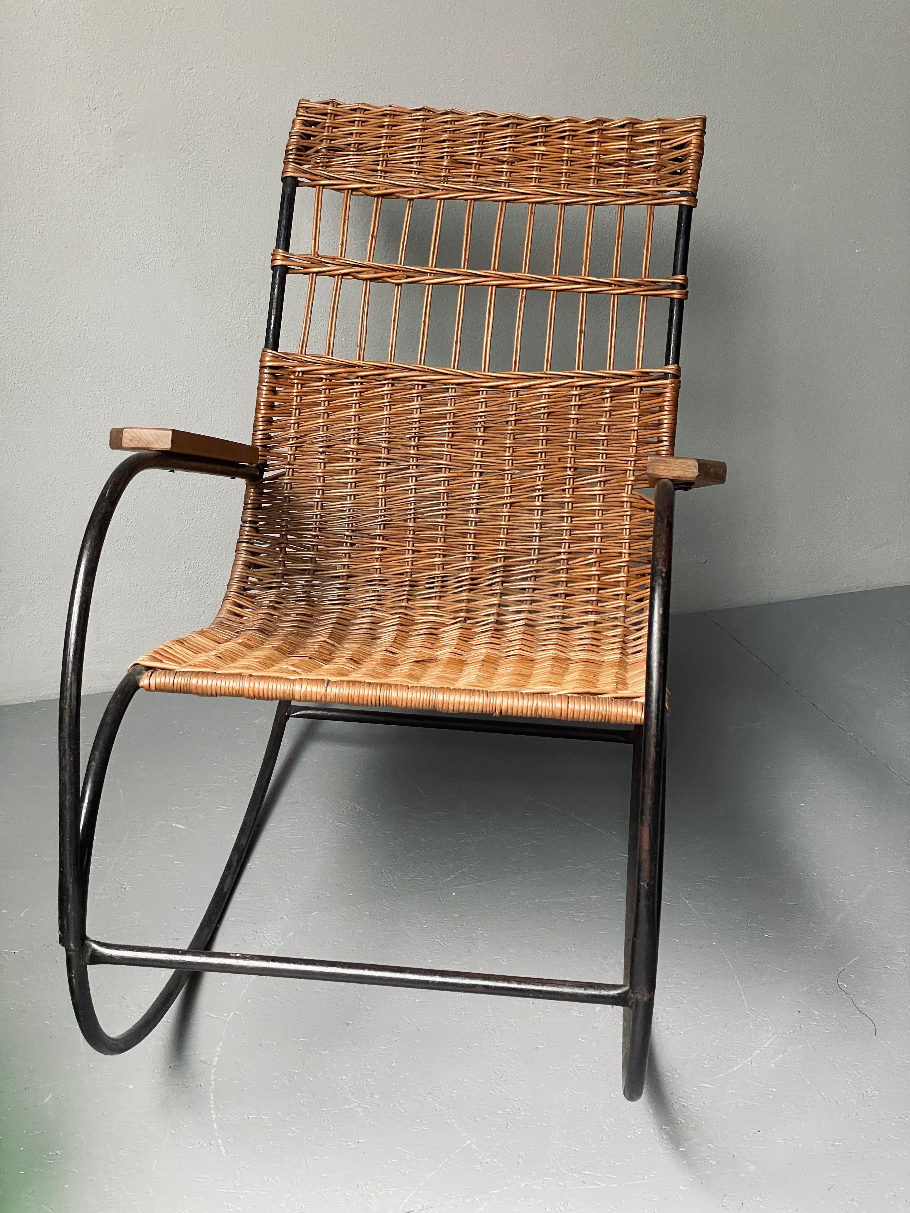 Industrial Iron & Wicker Rocking Chair with Vintage Linen Cushion, Mid-Century 2