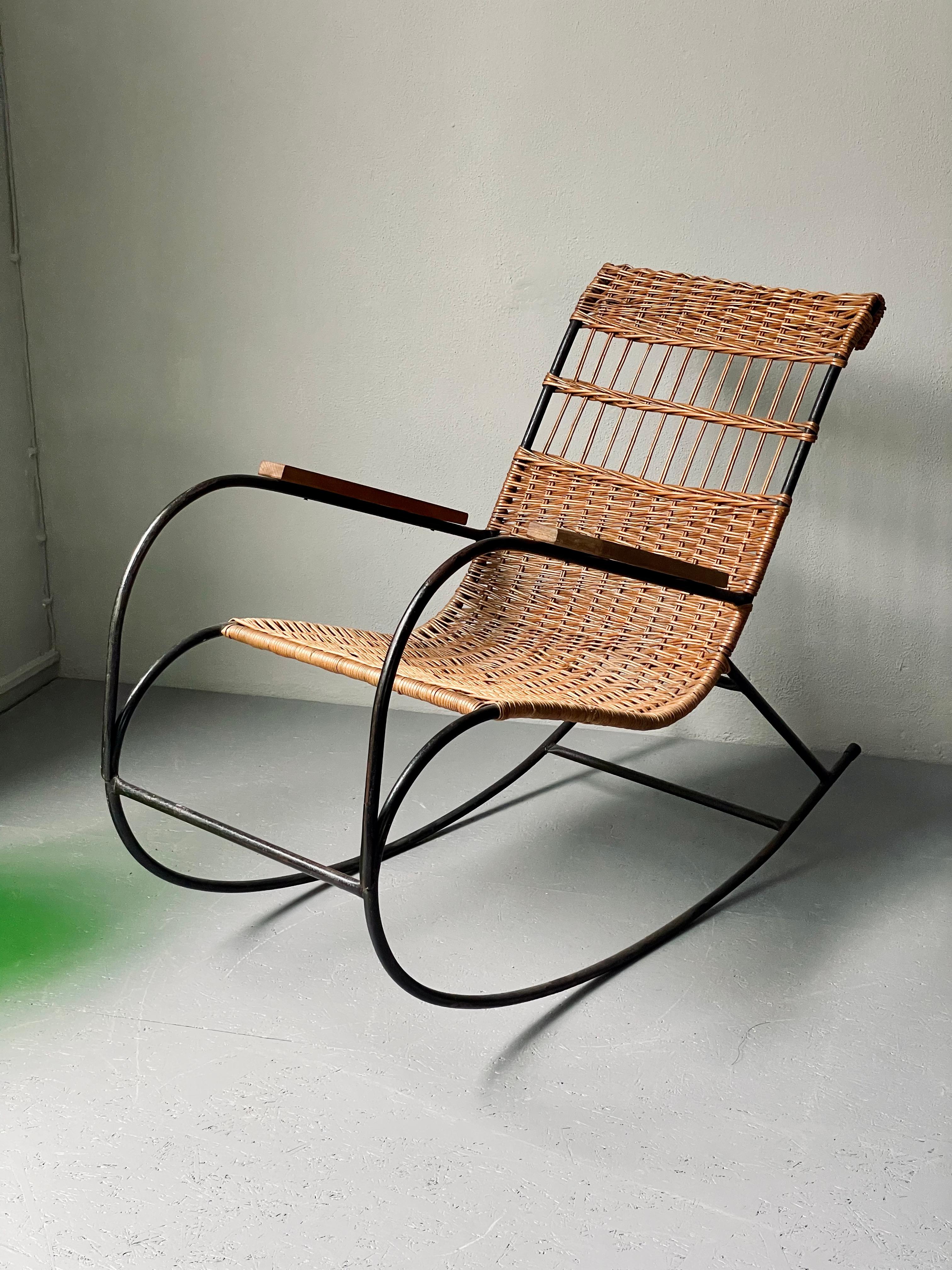 Industrial Iron & Wicker Rocking Chair with Vintage Linen Cushion, Mid-Century 3