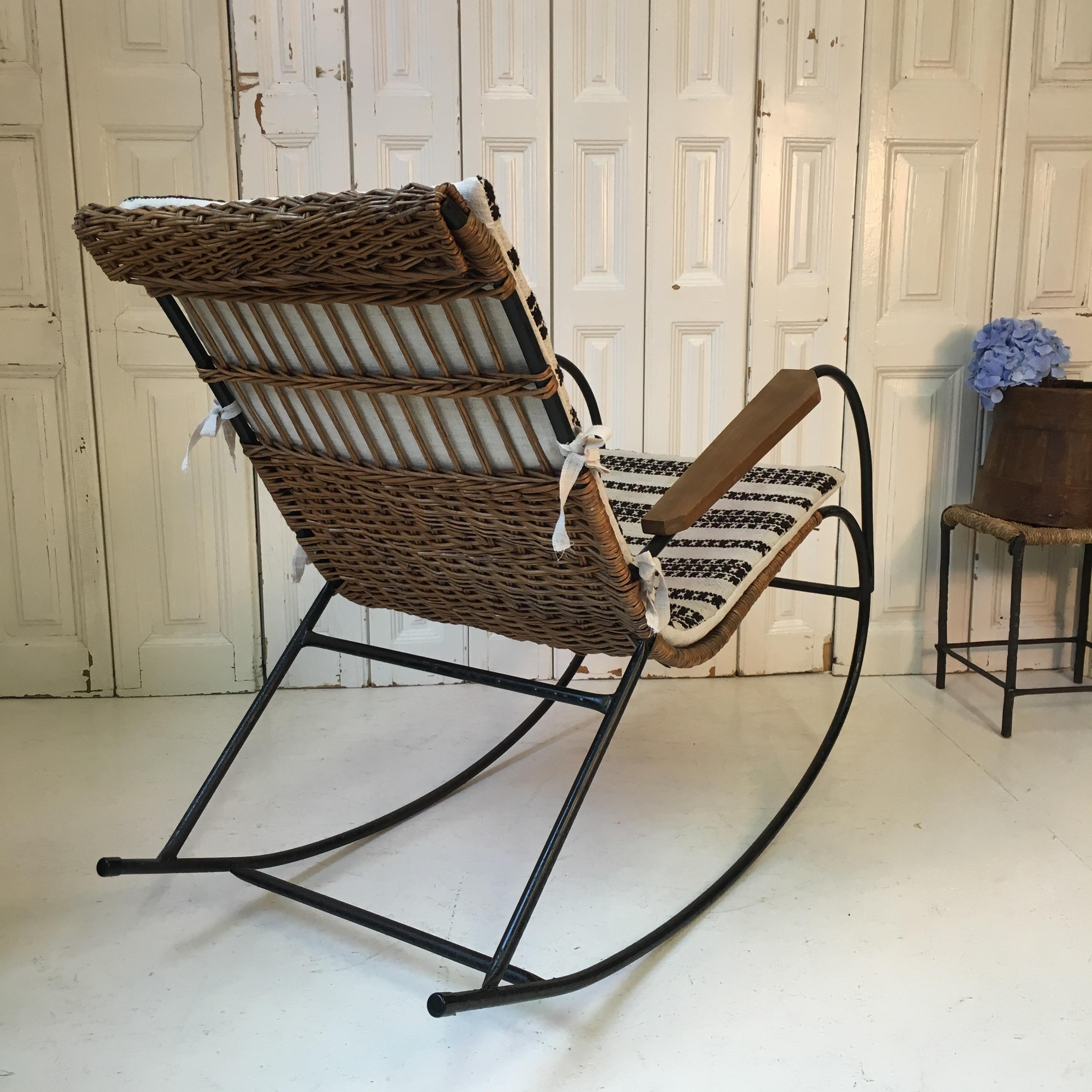 German Industrial Iron & Wicker Rocking Chair with Vintage Linen Cushion, Mid-Century