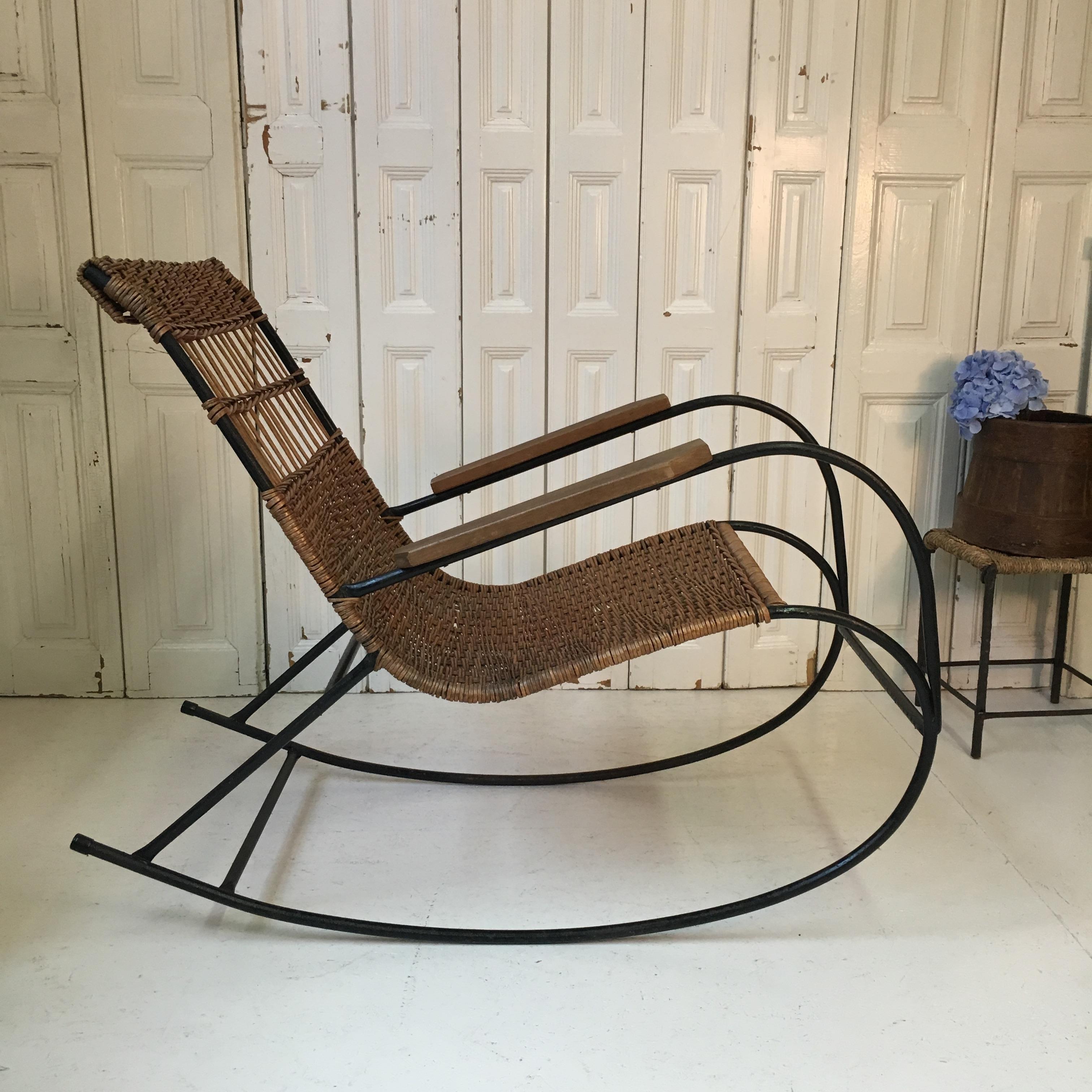 Industrial Iron & Wicker Rocking Chair with Vintage Linen Cushion, Mid-Century In Good Condition In Munich, DE