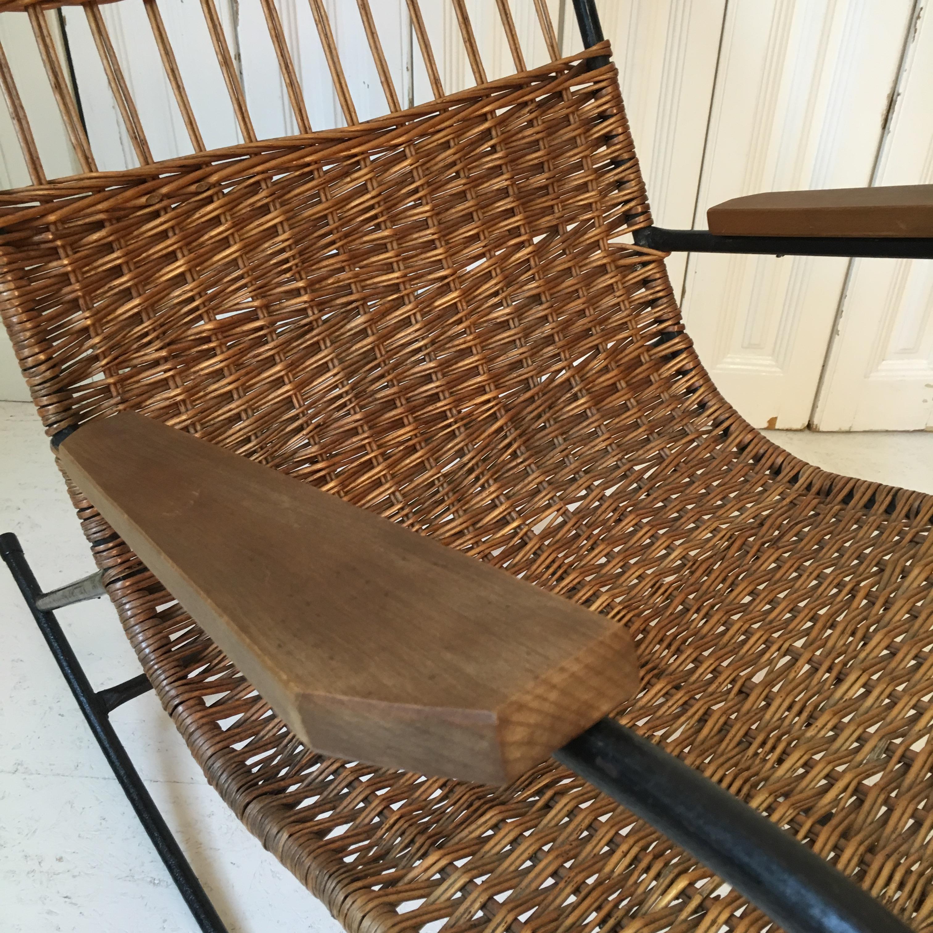 20th Century Industrial Iron & Wicker Rocking Chair with Vintage Linen Cushion, Mid-Century