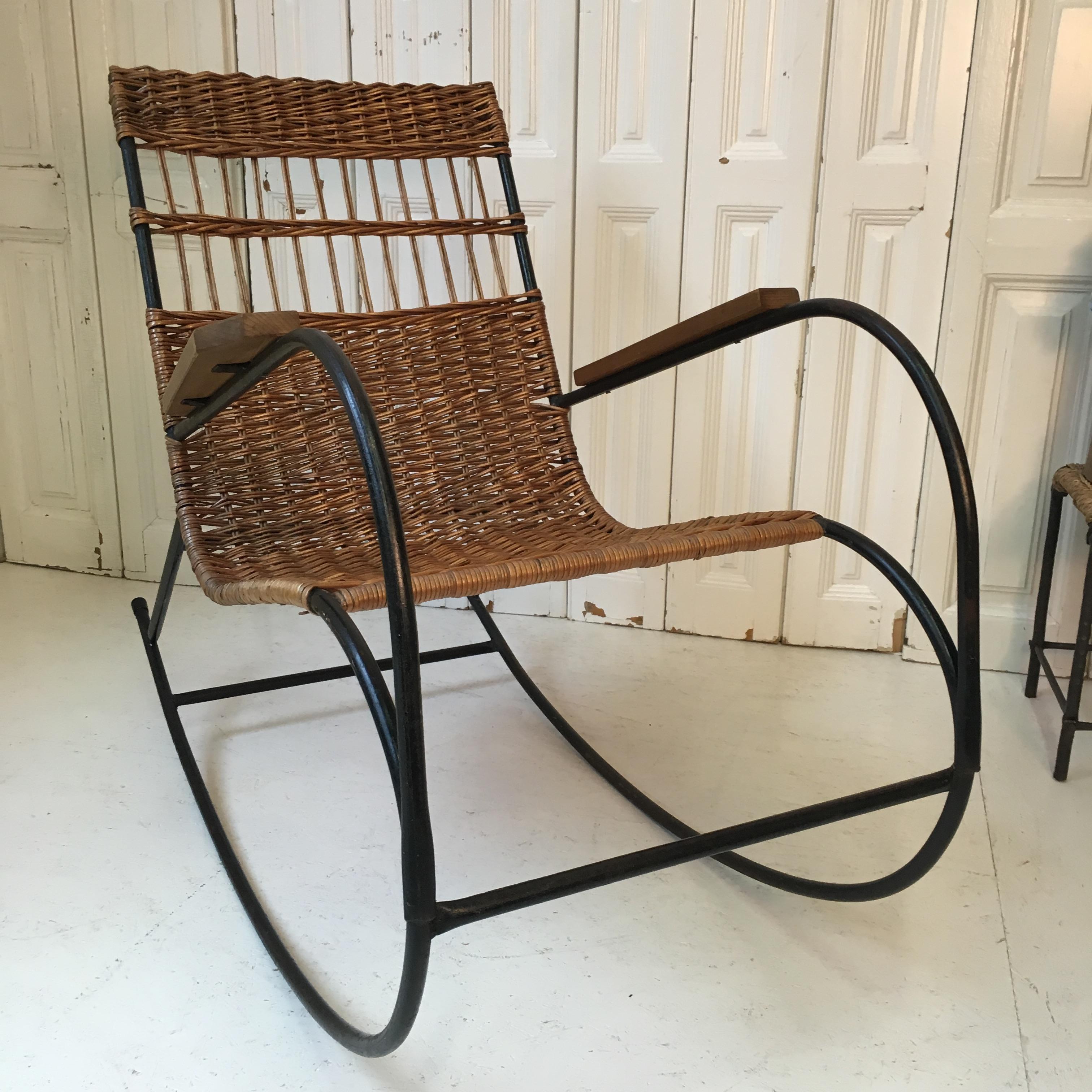 Fabric Industrial Iron & Wicker Rocking Chair with Vintage Linen Cushion, Mid-Century