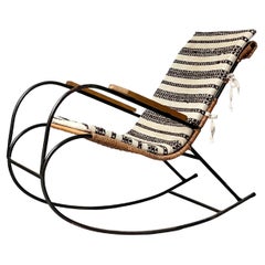 Industrial Iron & Wicker Rocking Chair with Vintage Linen Cushion, Mid-Century