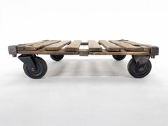 Vintage Industrial Iron & Wood Coffee Table on Wheels
