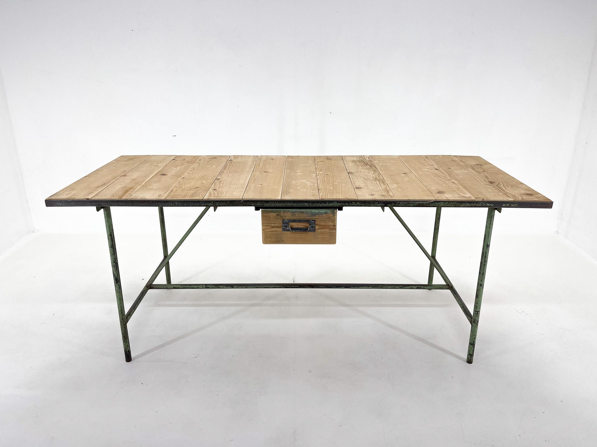 Vintage large table made of iron and wood with one original drawer. 