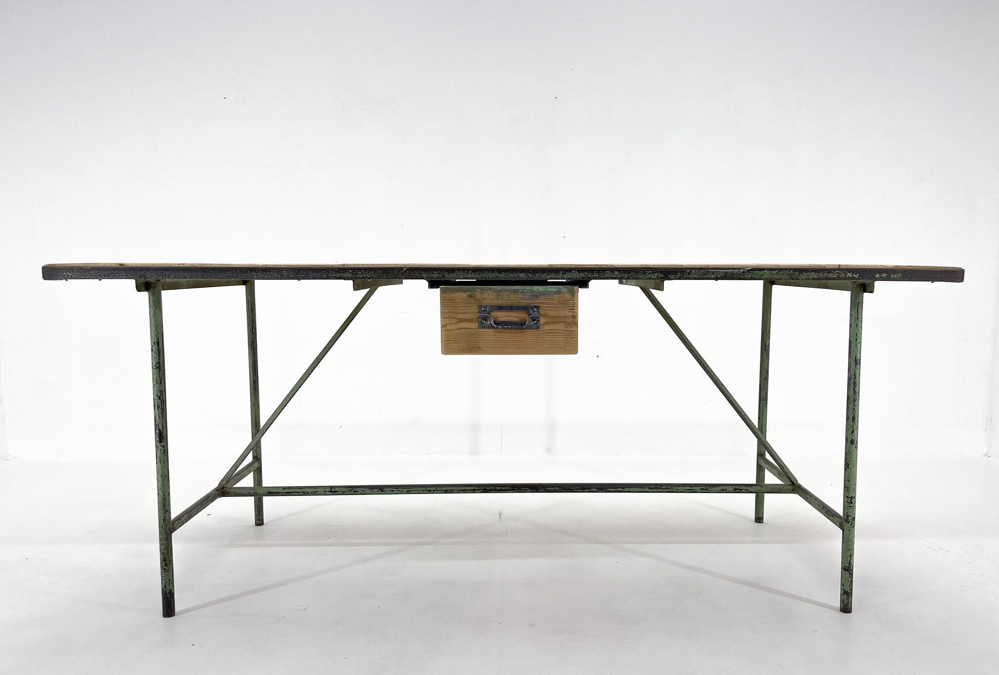 Czech Vintage Industrial Iron & Wood Table with Drawer For Sale