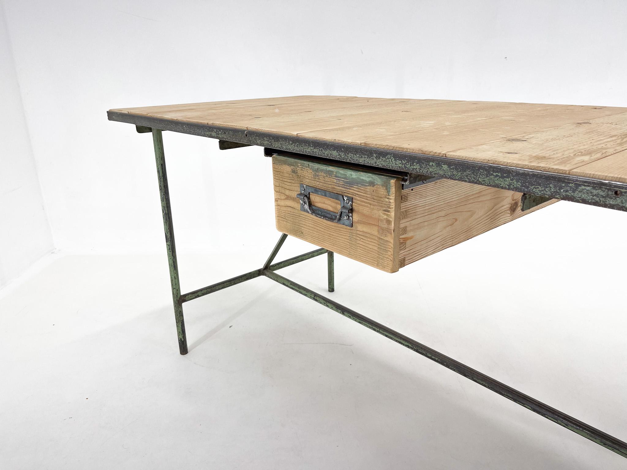 20th Century Vintage Industrial Iron & Wood Table with Drawer For Sale