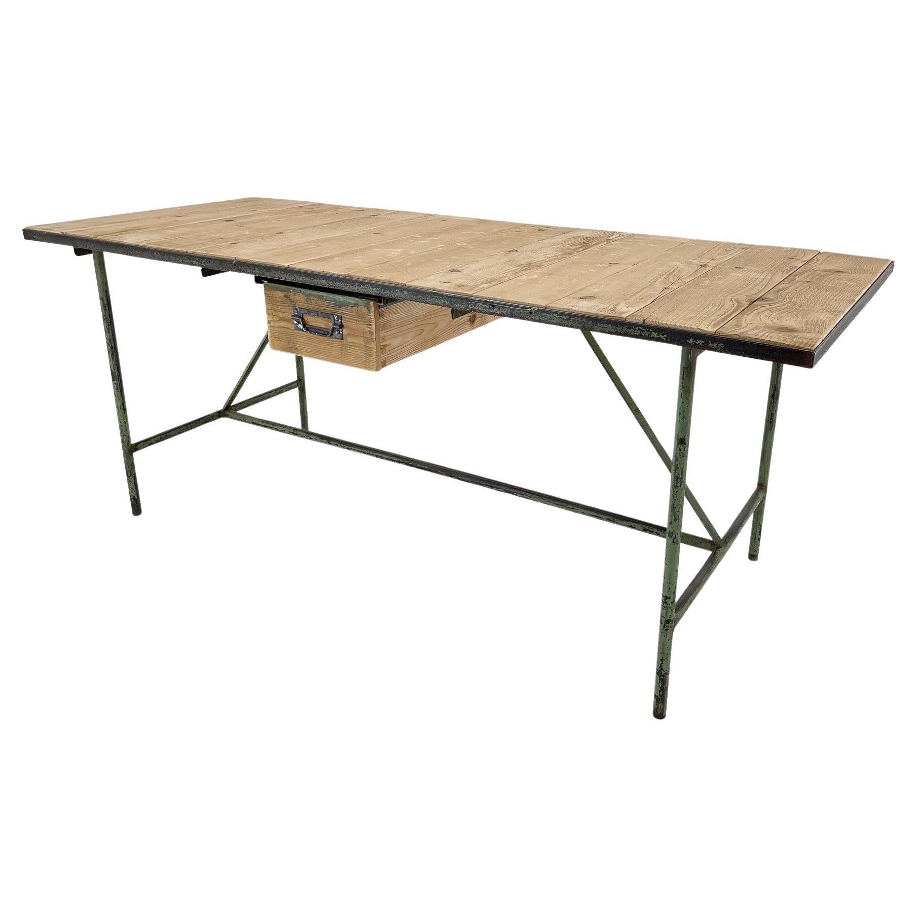 Vintage Industrial Iron & Wood Table with Drawer For Sale