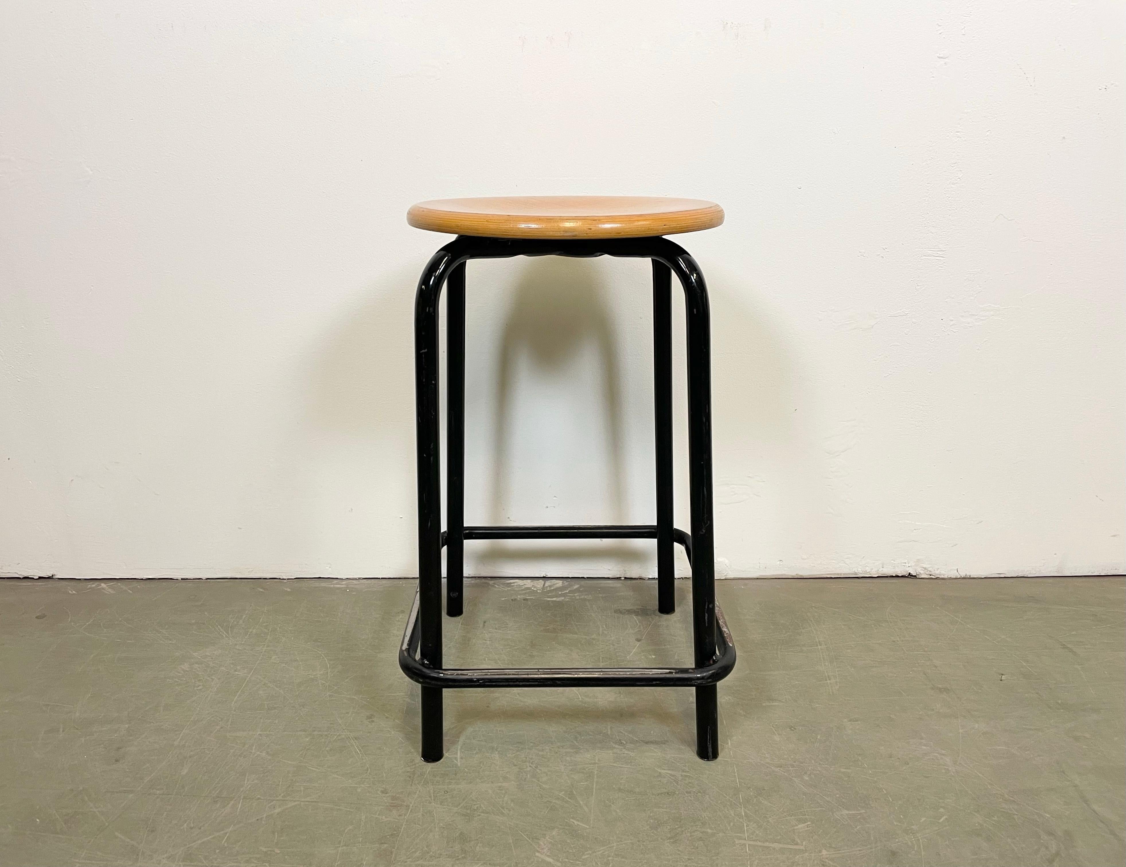 Vintage Industrial stackable stool made in Italy during the 1970s. The stool consists of an iron structure and a wooden seat. More pieces on the stock.
Measures: Seat height : 55 cm
Seat diameter : 32 cm
Weight : 4 kg.