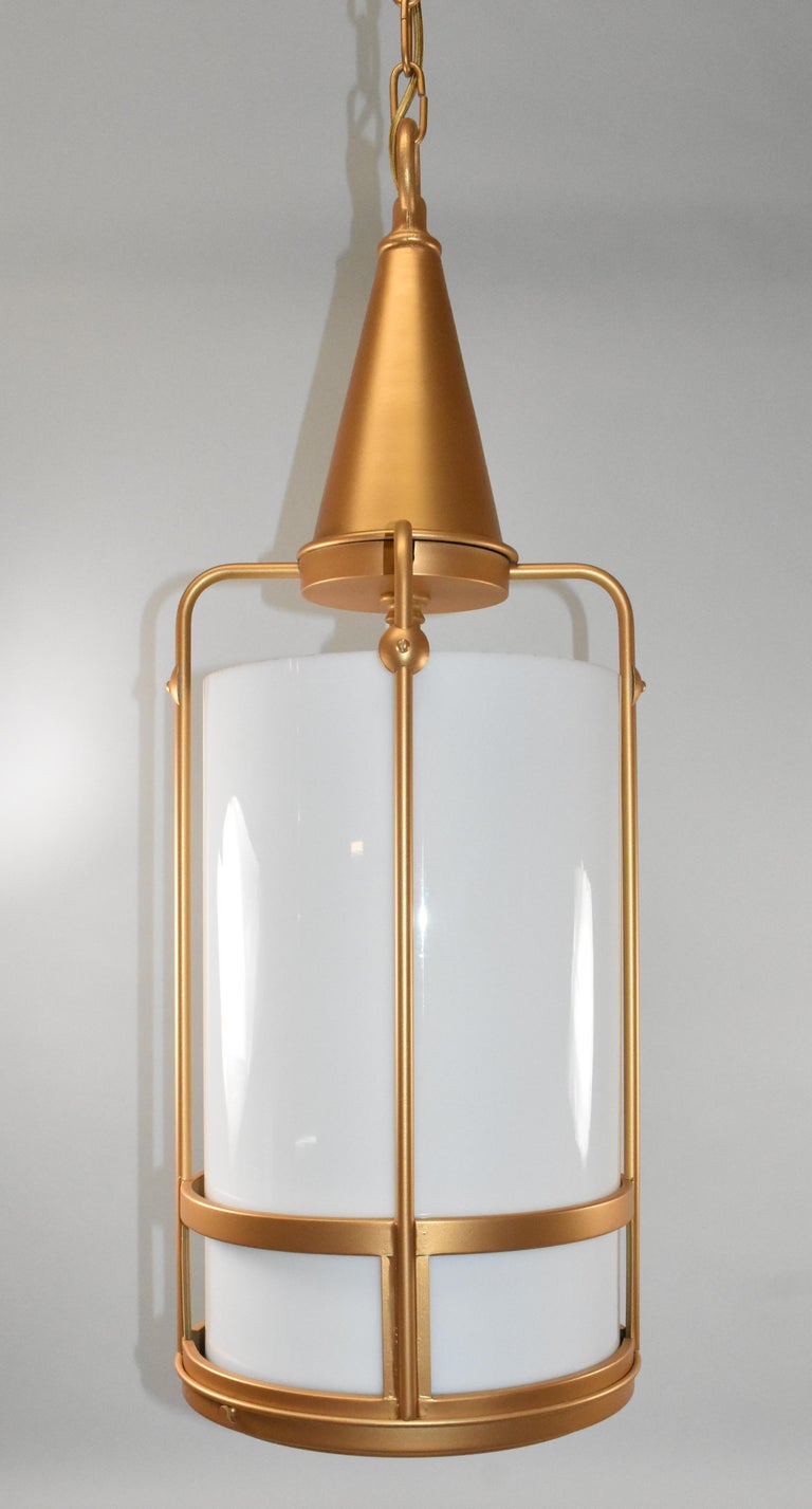 Vintage Industrial Large Gold and Glass Cylinder Column Chandelier Cone