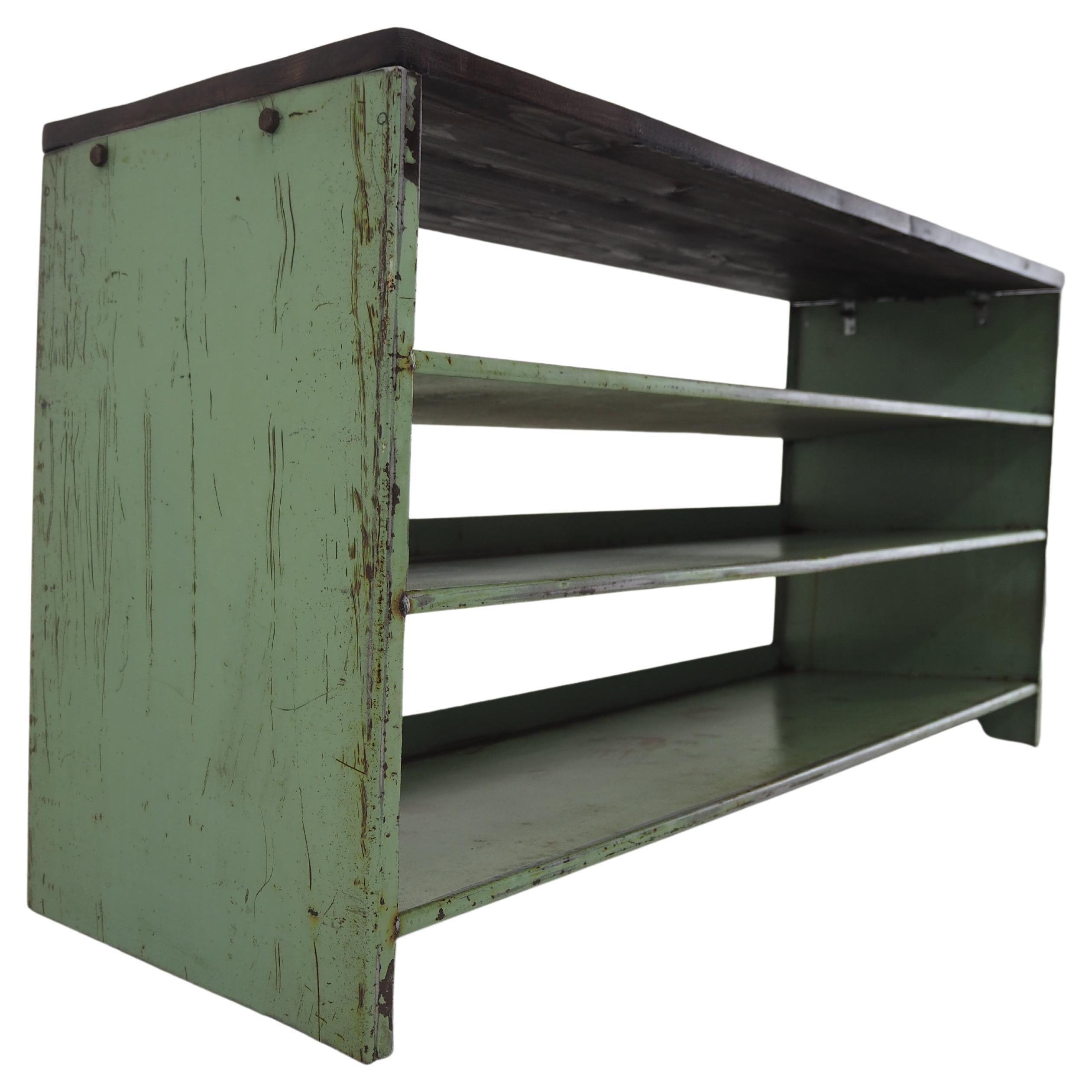 Vintage Industrial, Adjustable Metal Shelves with Wooden Top at 1stDibs