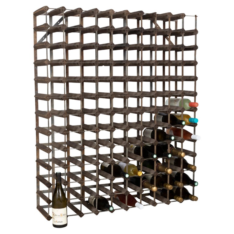 Vintage Industrial Metal and Wood Wine Rack For Sale at 1stDibs