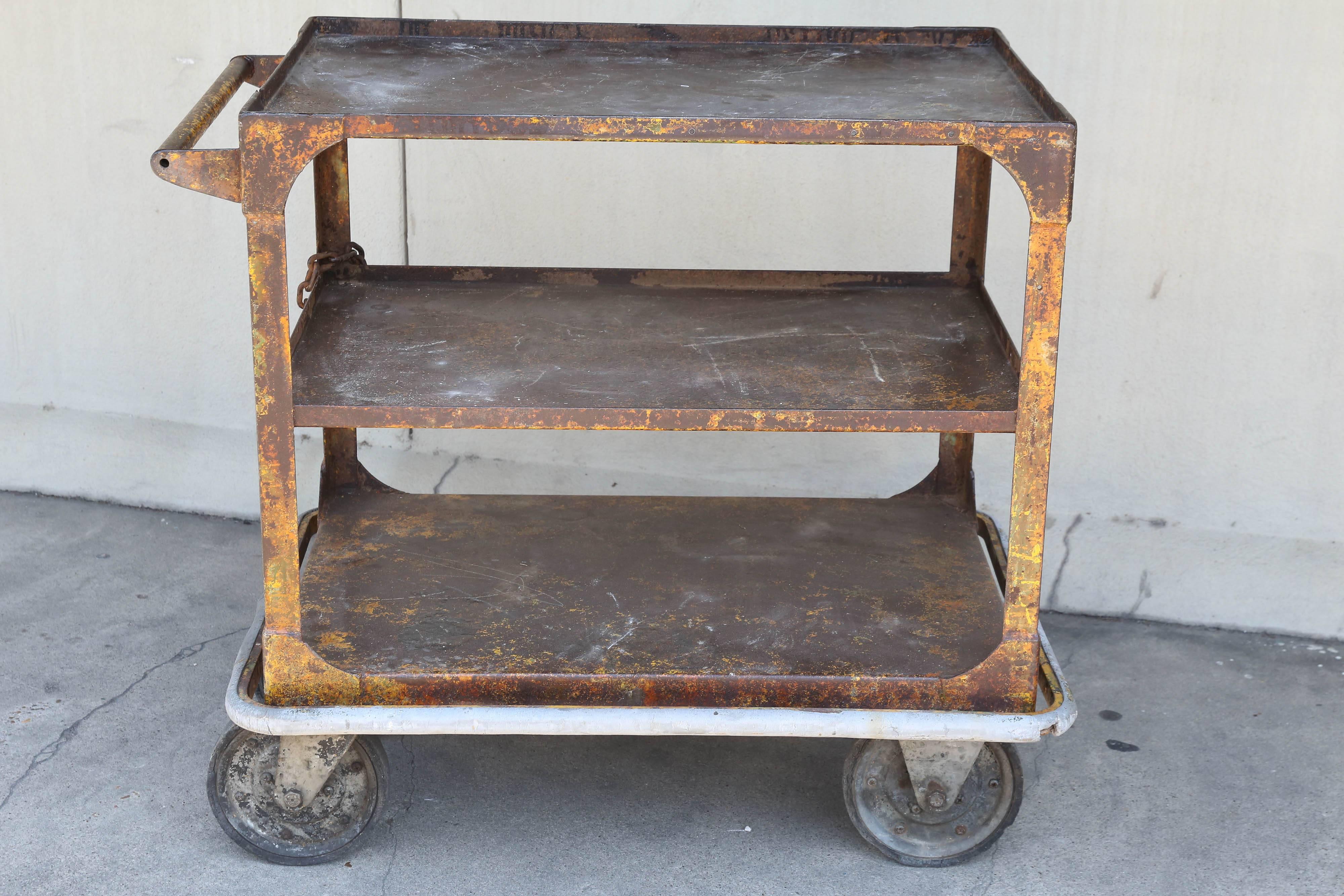 Mid-20th Century Vintage Industrial Metal Bar Cart with Chain and Lock