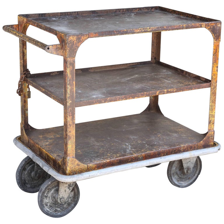 Vintage Industrial Metal Bar Cart with Chain and Lock at 1stDibs