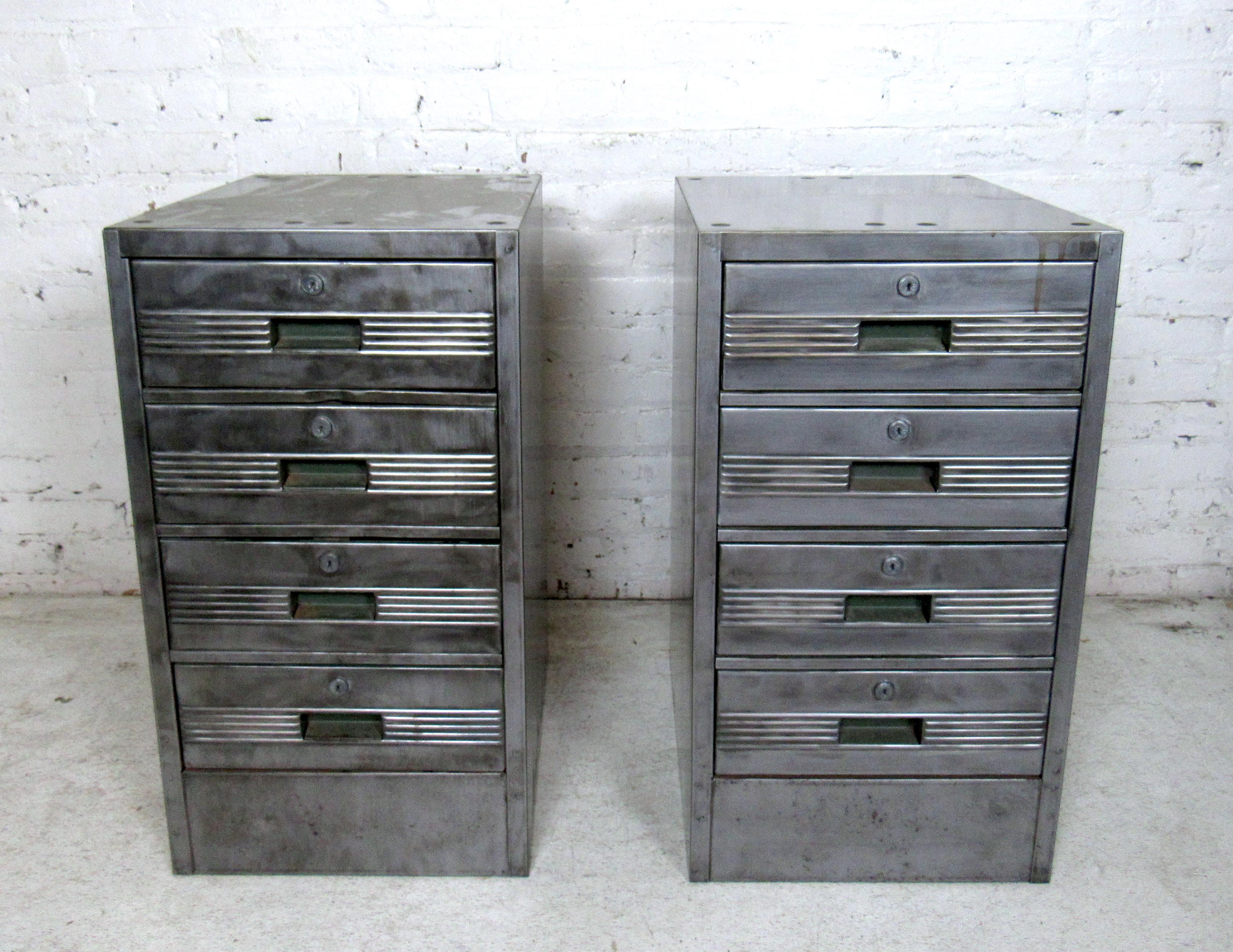 Pair of industrial metal cabinets featuring four drawers in each. This set of cabinet can be used as nightstands or side tables.

Please confirm item location (NJ or NY).


 