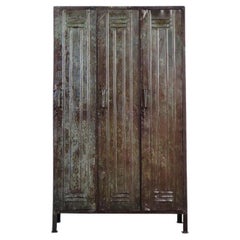 Large Antique Industrial Metal Factory Three Doors Cabinet, 1950s