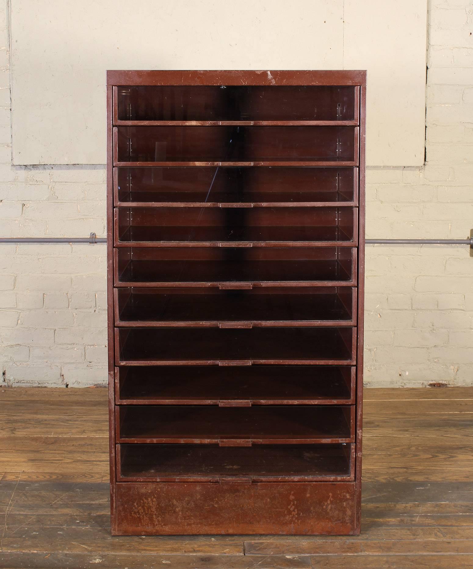 Vintage Industrial Metal Storage Cabinet with Glass Drawers 2