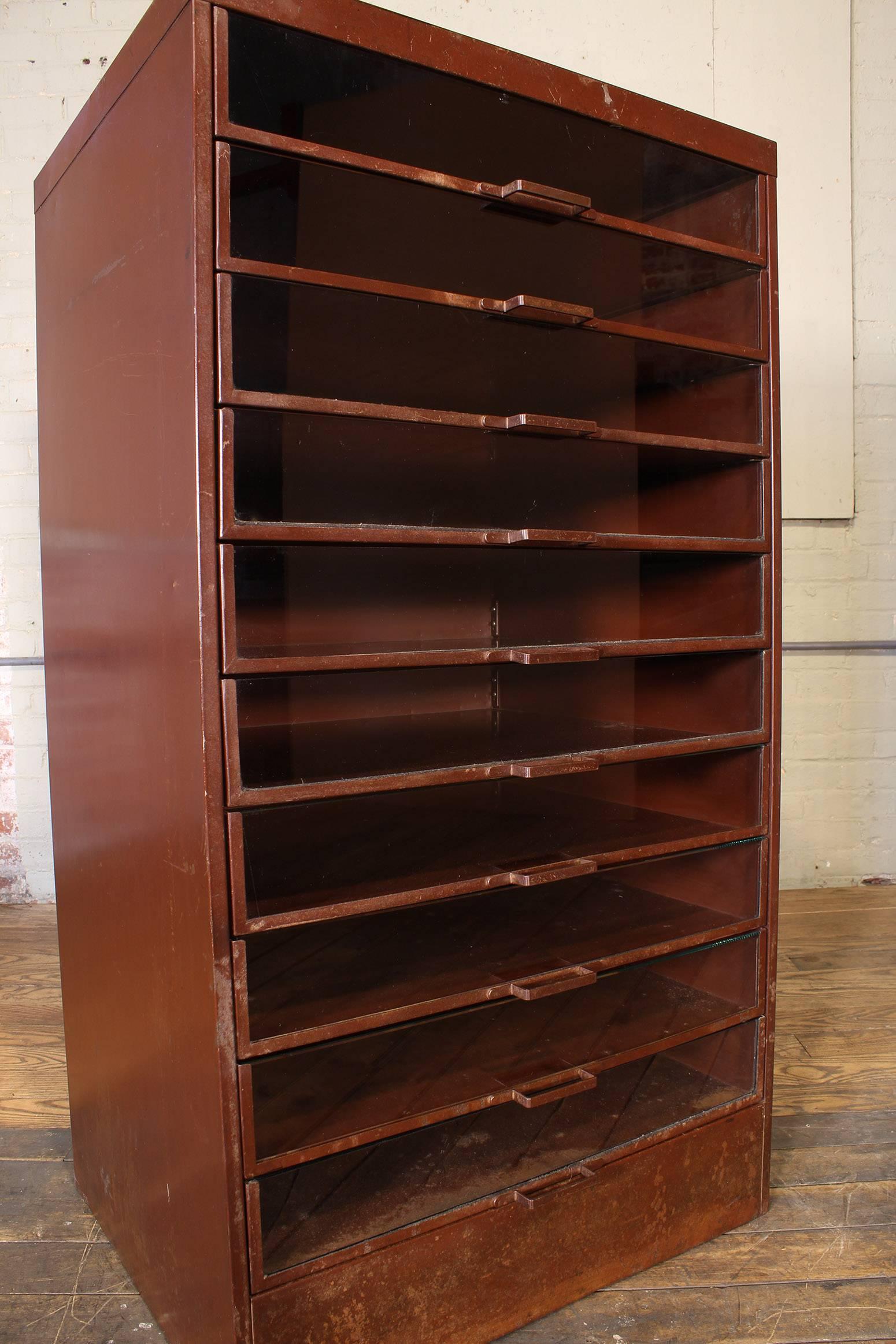 Vintage Industrial Metal Storage Cabinet with Glass Drawers 8