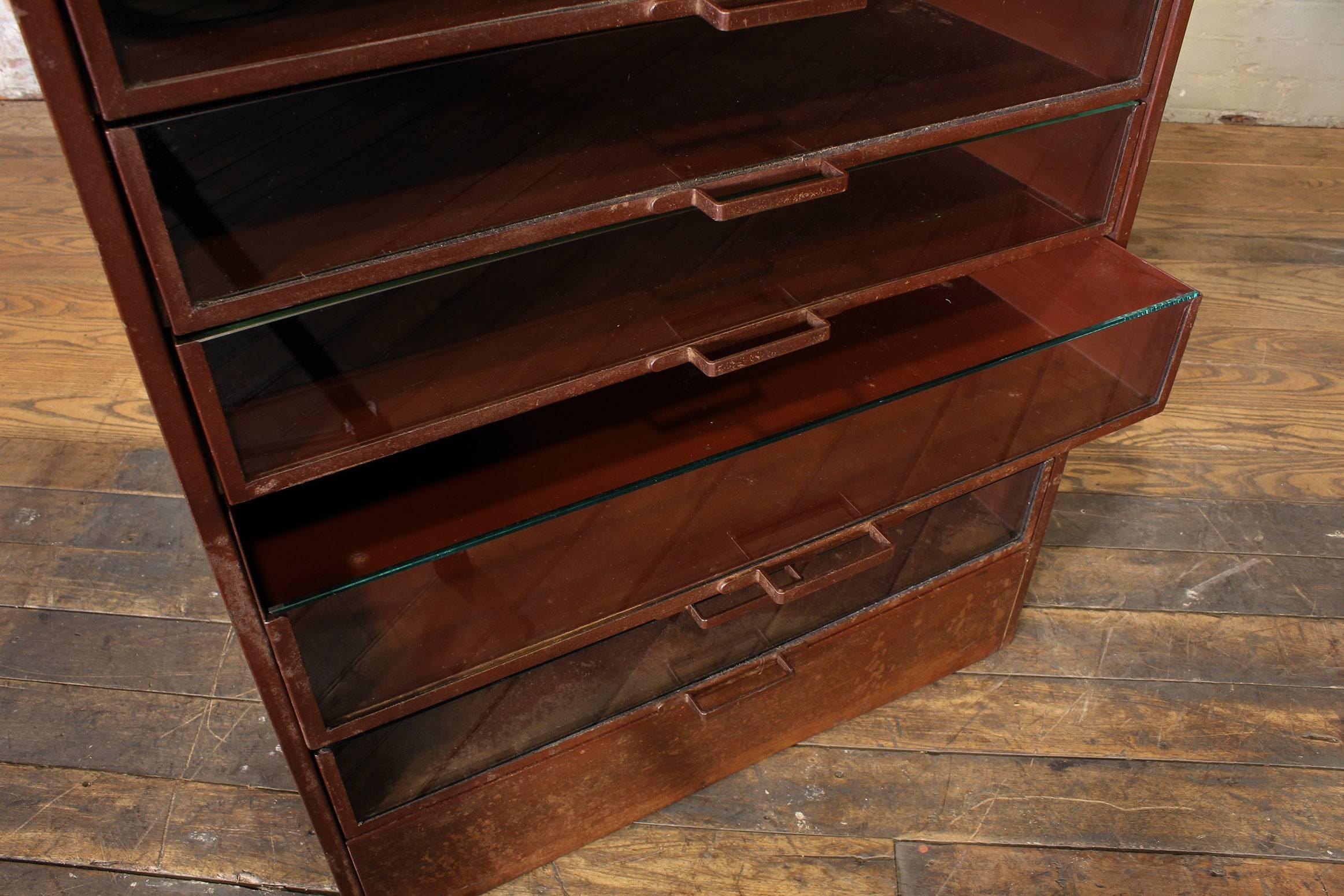 Vintage Industrial Metal Storage Cabinet with Glass Drawers 10