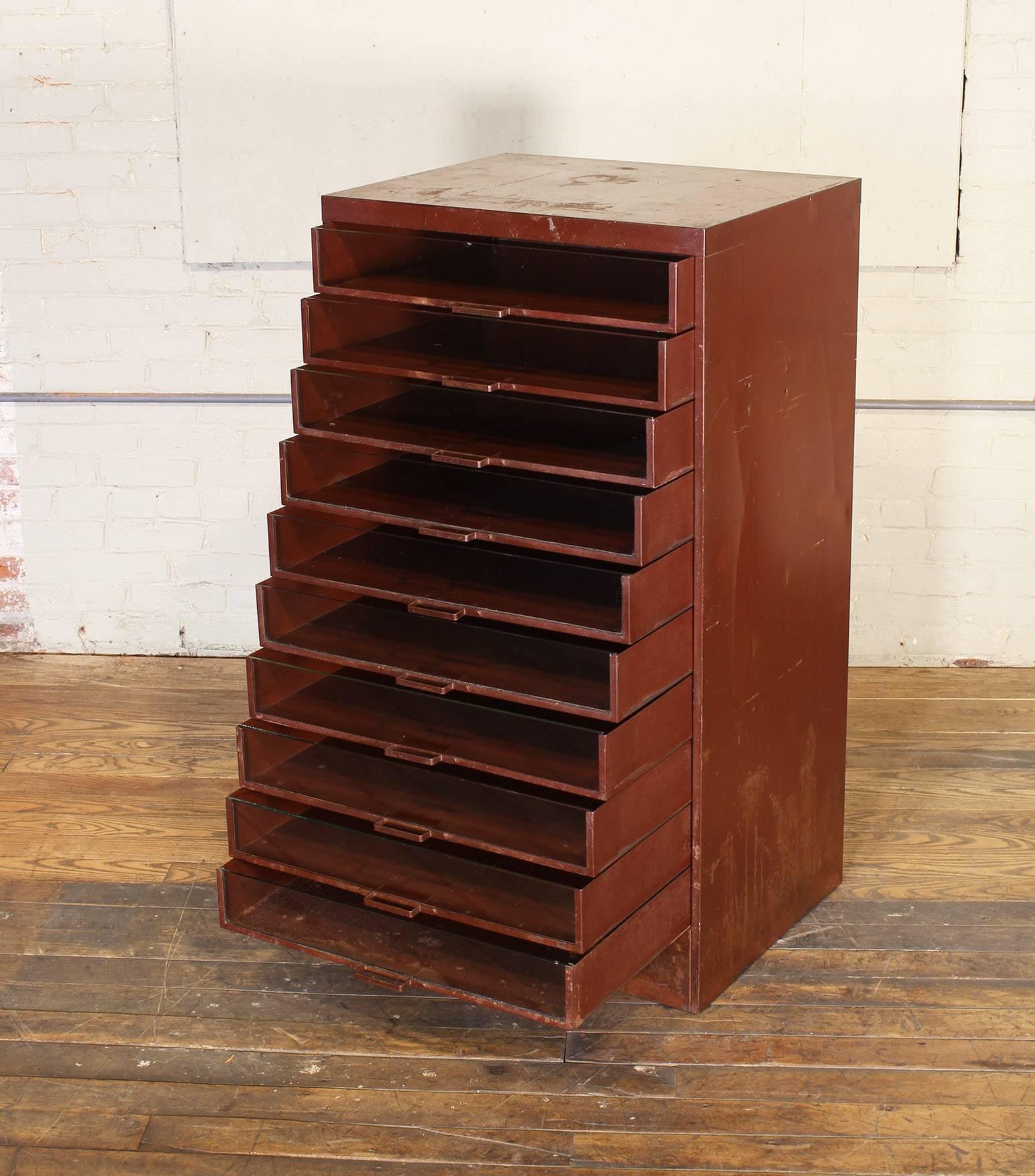 American Vintage Industrial Metal Storage Cabinet with Glass Drawers