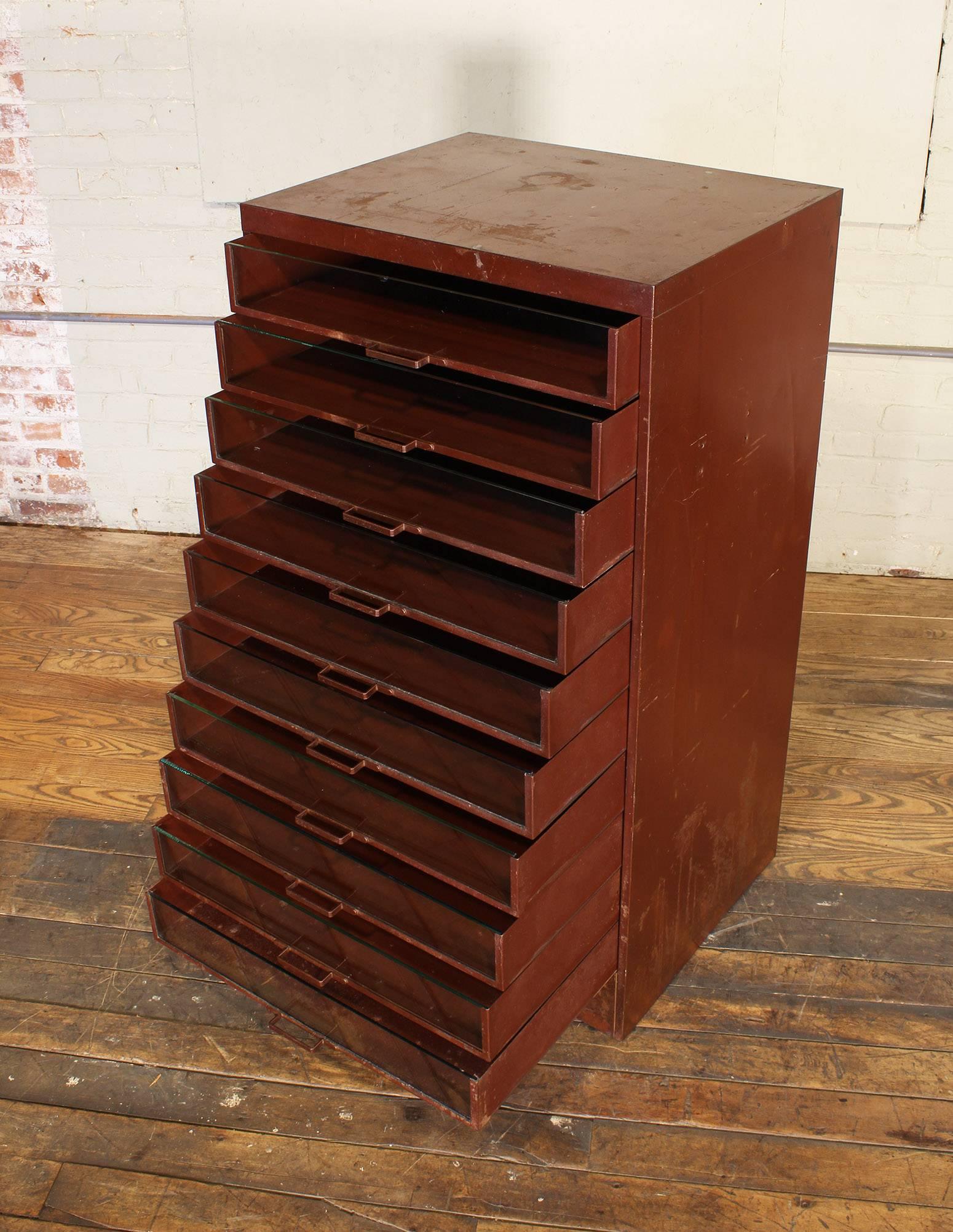 Vintage Industrial Metal Storage Cabinet with Glass Drawers In Fair Condition In Oakville, CT