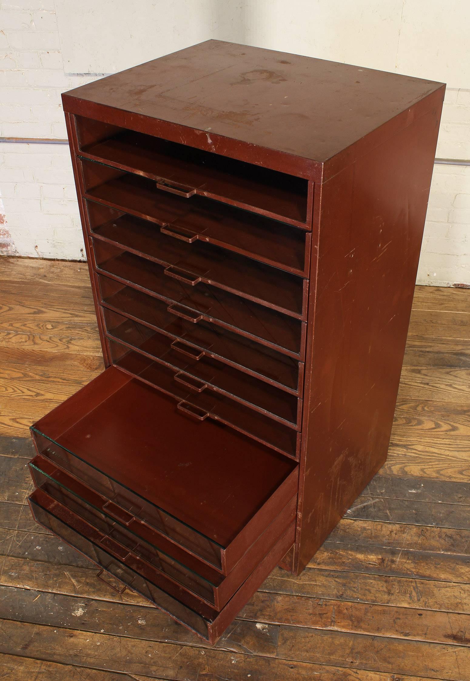 20th Century Vintage Industrial Metal Storage Cabinet with Glass Drawers