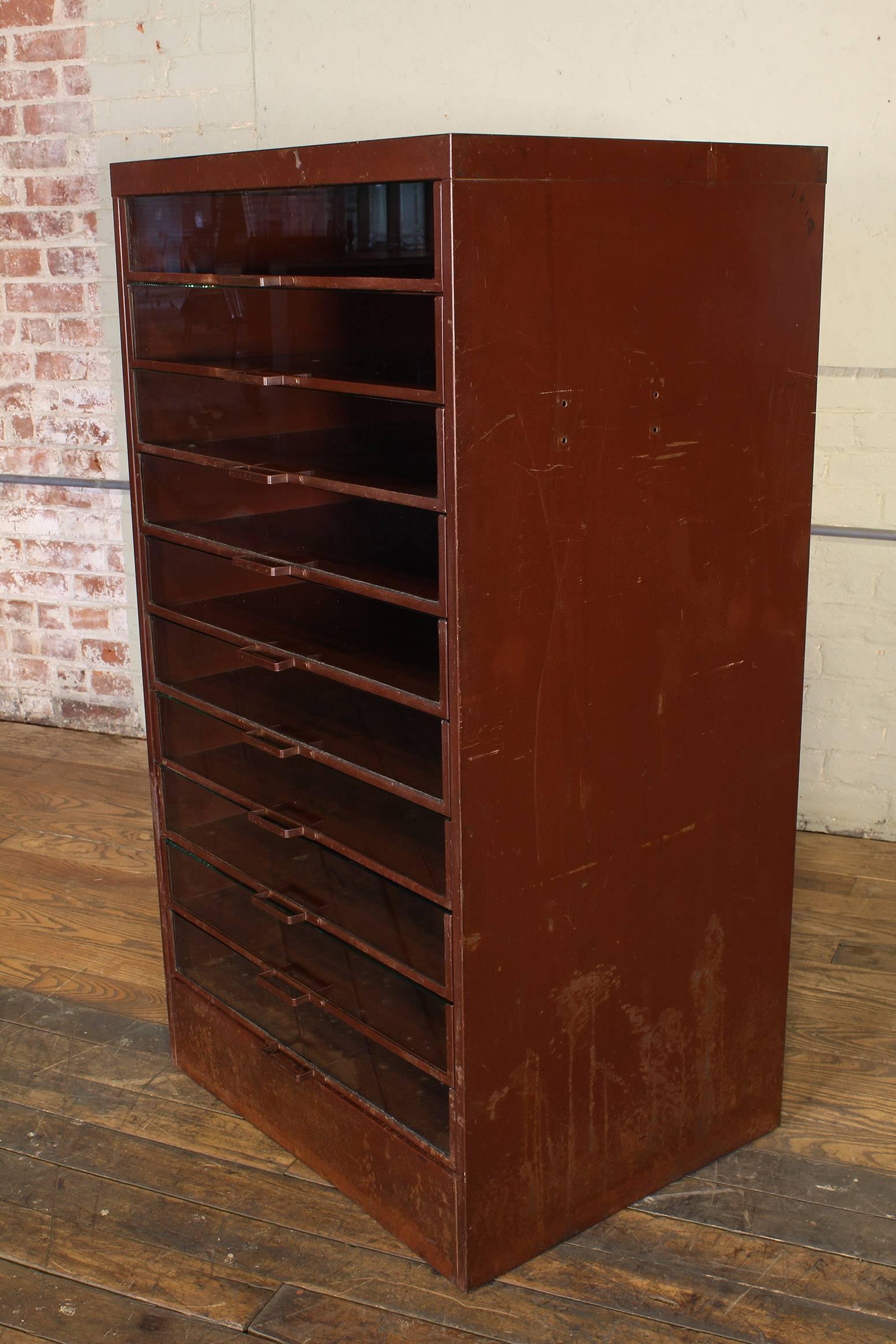 Vintage Industrial Metal Storage Cabinet with Glass Drawers 1