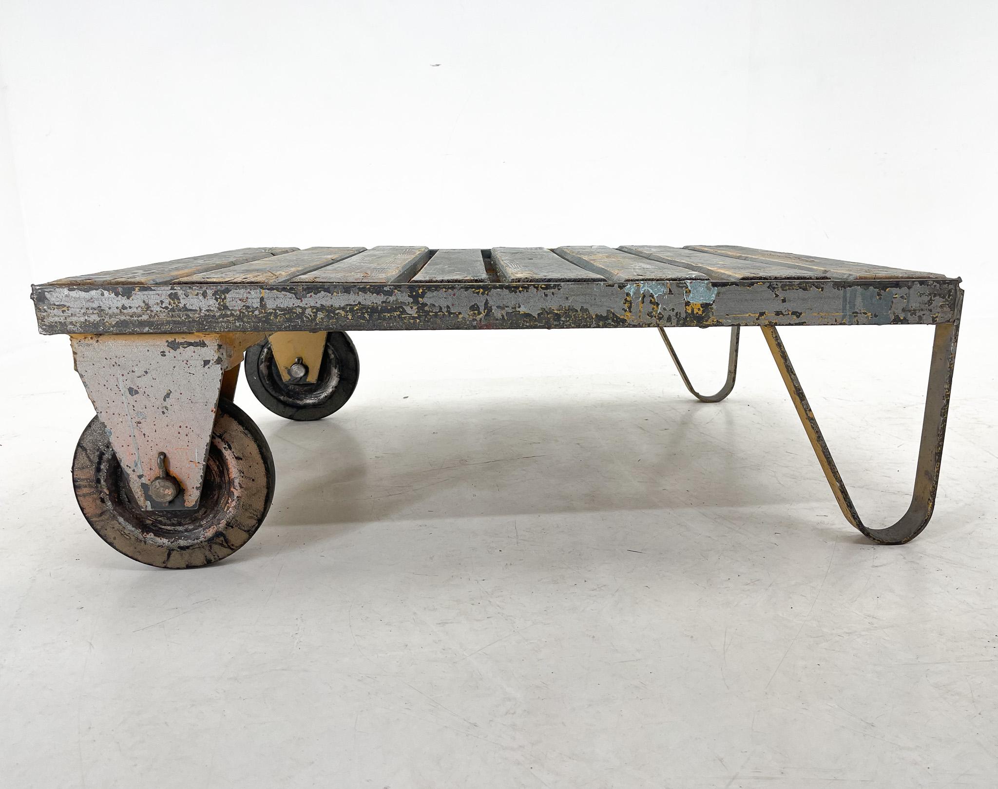 Czech Vintage Industrial Metal & Wood Coffee Table For Sale