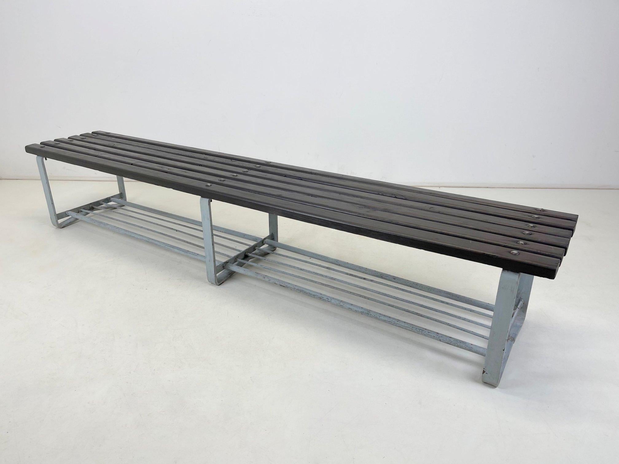 Vintage Industrial Metal & Wood Slatted Bench, 1950's In Good Condition In Praha, CZ