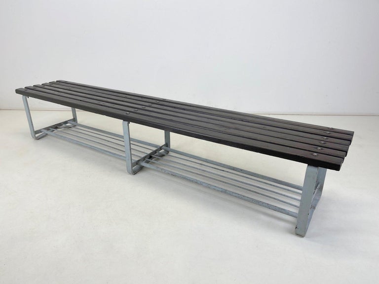20th Century Vintage Industrial Metal & Wood Slatted Bench, 1950's For Sale