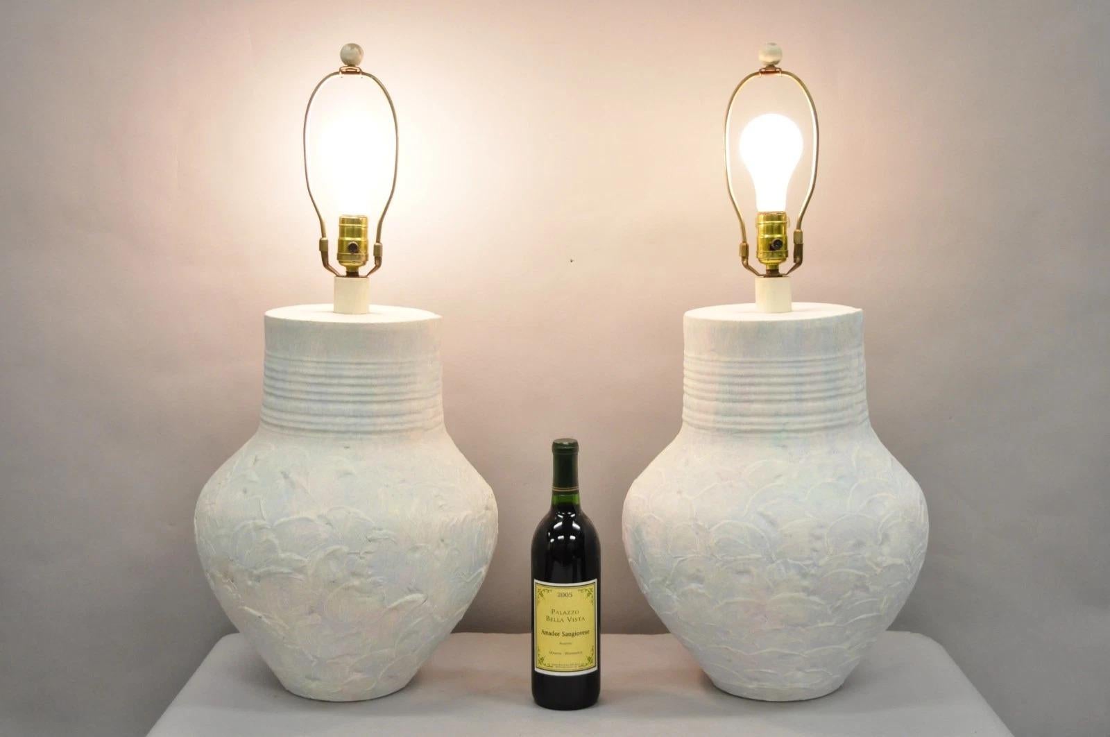 Vintage Postmodern Beach House Ceramic Plaster White Bulbous Table Lamps by Sunset Cosco - a Pair. Item features purple/blue/green 