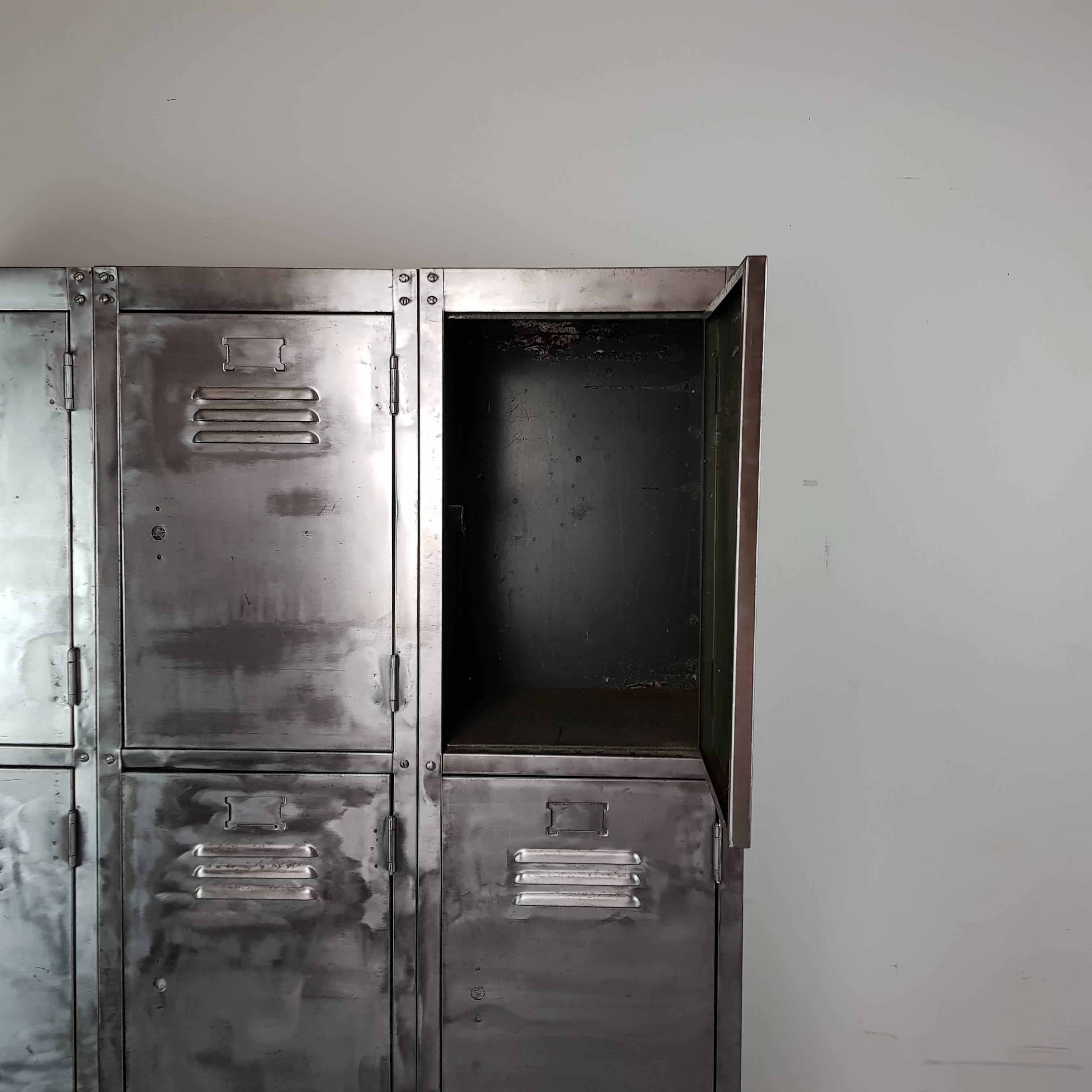 20th Century Vintage Industrial Nine Compartment Stripped and Polished Steel School Locker For Sale