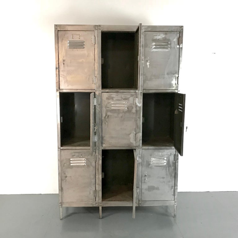 Vintage Industrial Nine Compartment Stripped and Polished Steel School