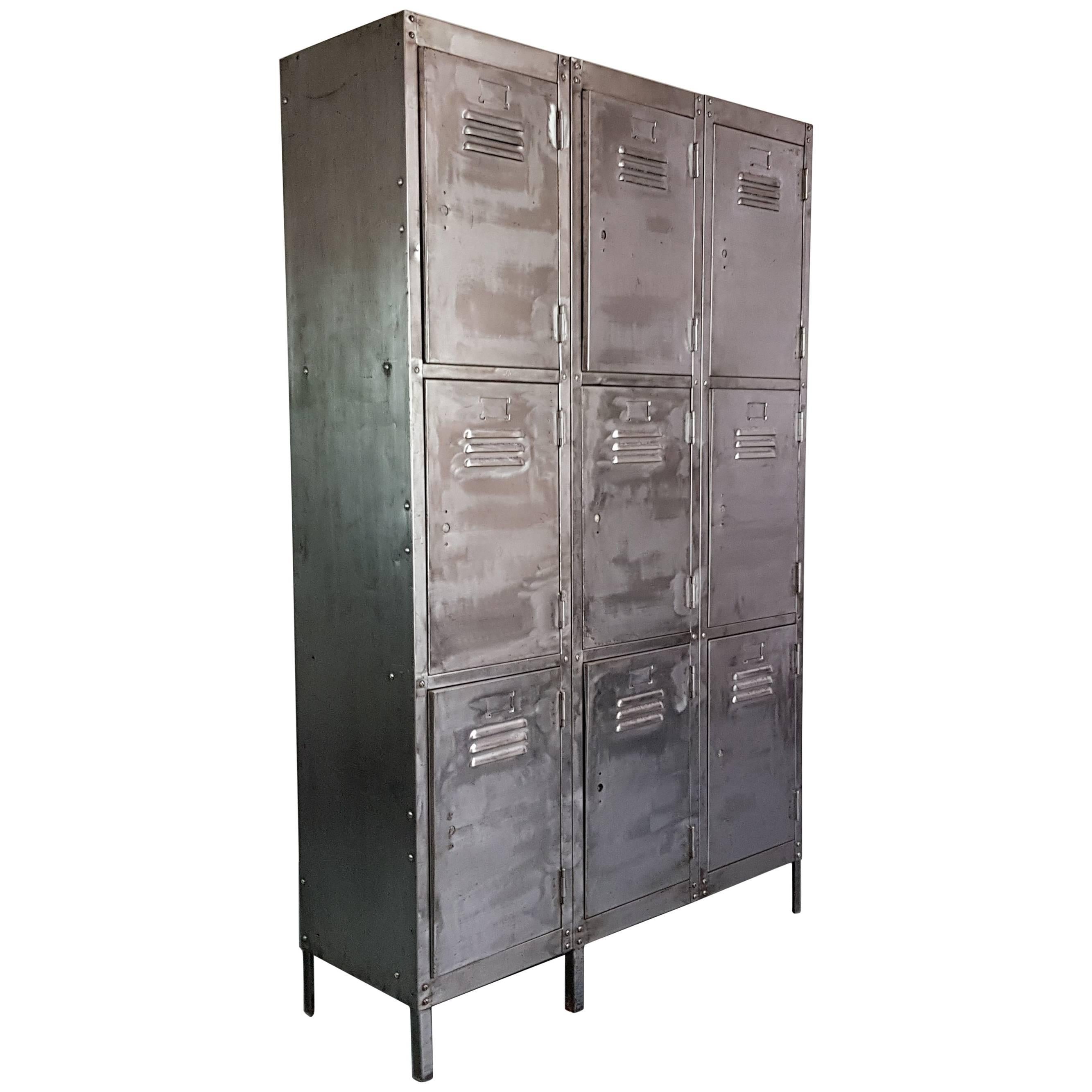 Vintage Industrial Nine Compartment Stripped and Polished Steel School Locker For Sale