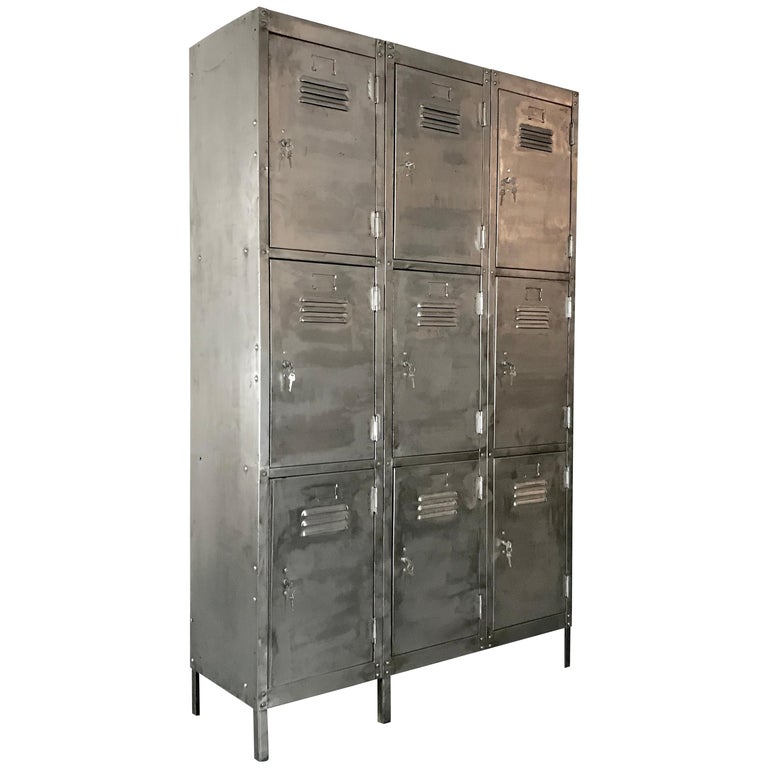 Vintage Industrial Nine Compartment Stripped and Polished Steel School