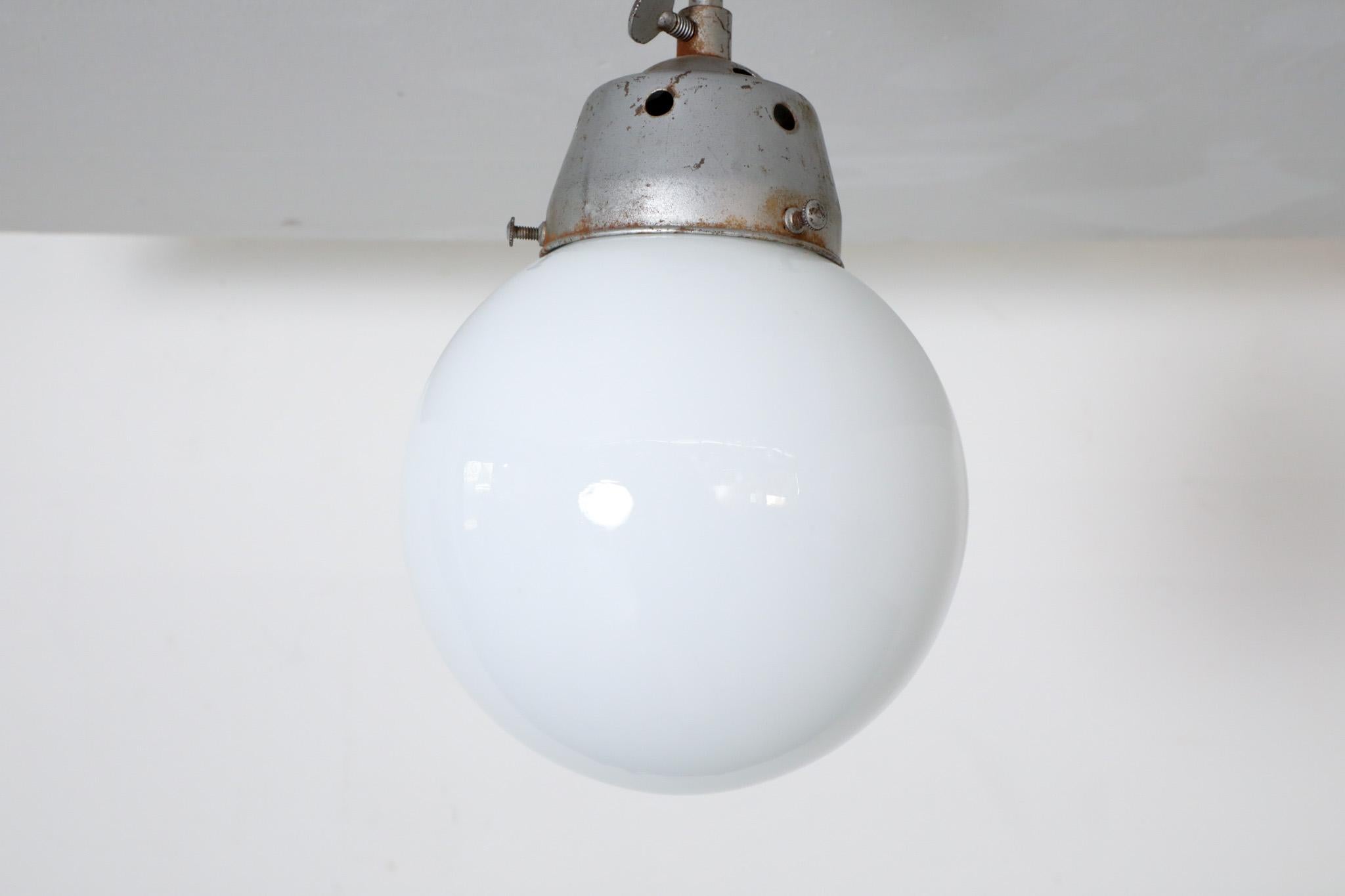 Vintage Industrial Opaline Glass Globe Light with Raw Metal Mounting For Sale 13