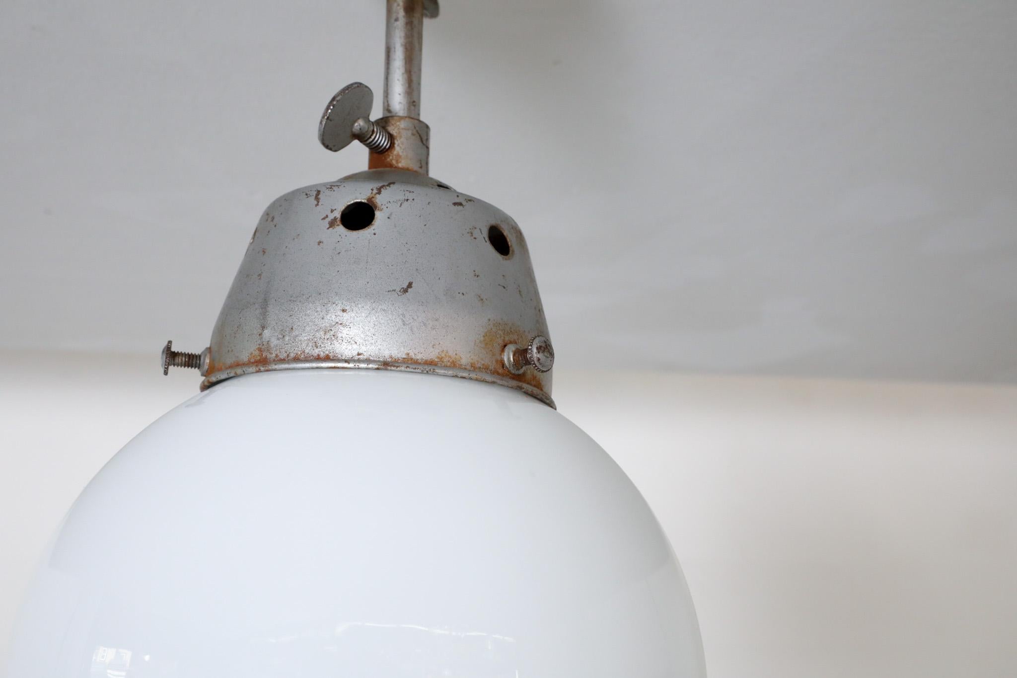 Vintage Industrial Opaline Glass Globe Light with Raw Metal Mounting For Sale 14