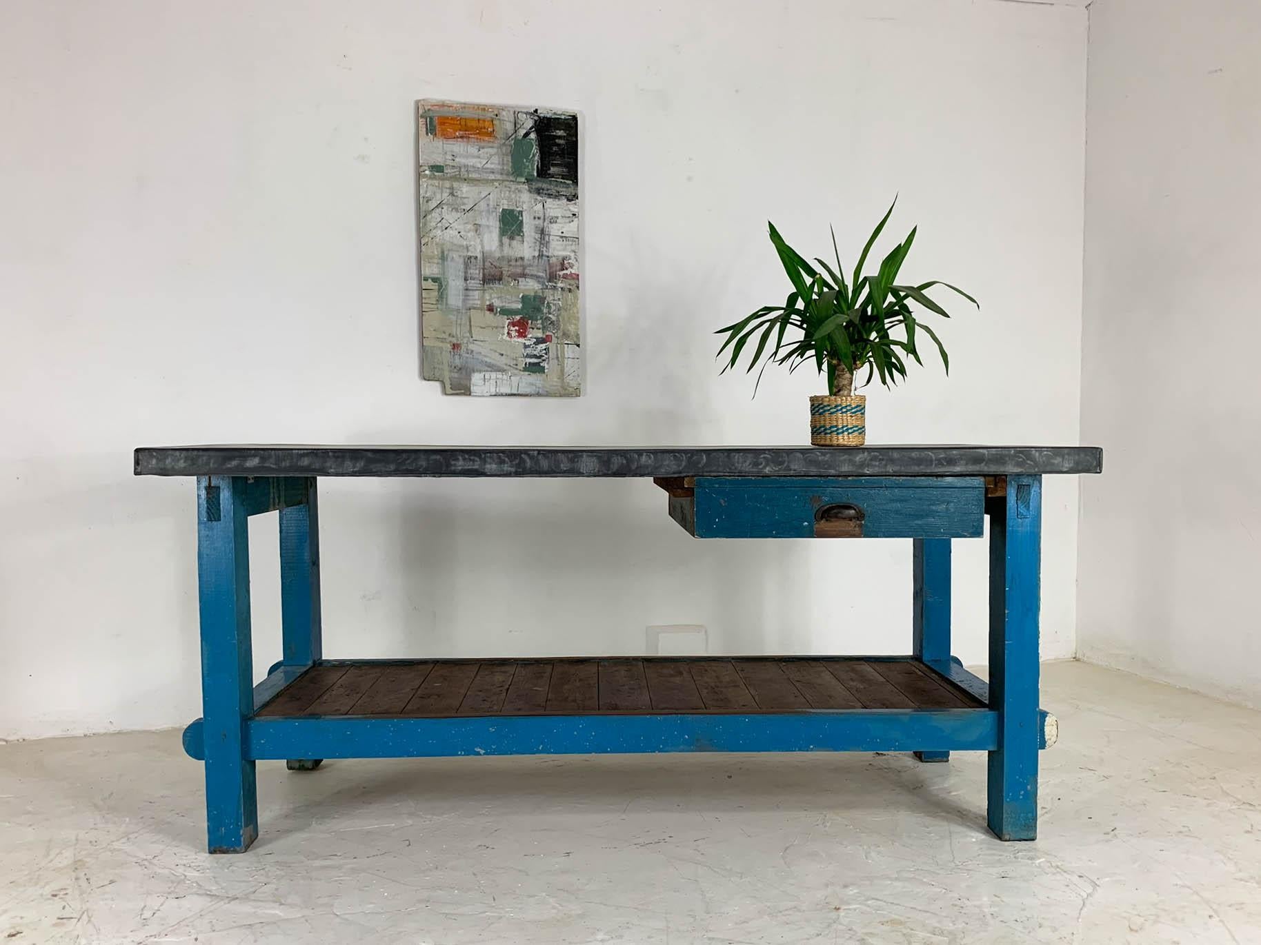 Vintage Industrial Painted Pine 'Potting Board' Table Workbench with Zinc Top 7