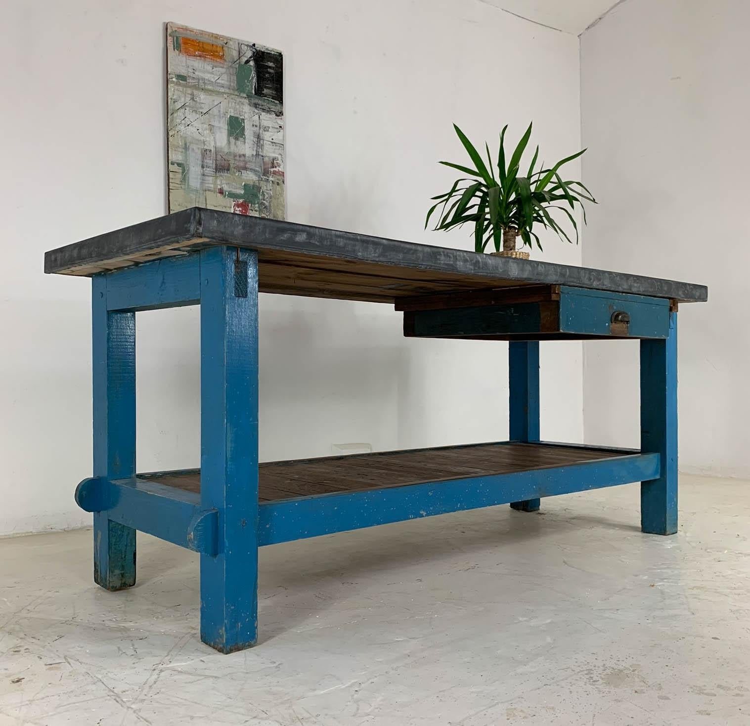 Vintage Industrial Painted Pine 'Potting Board' Table Workbench with Zinc Top 8