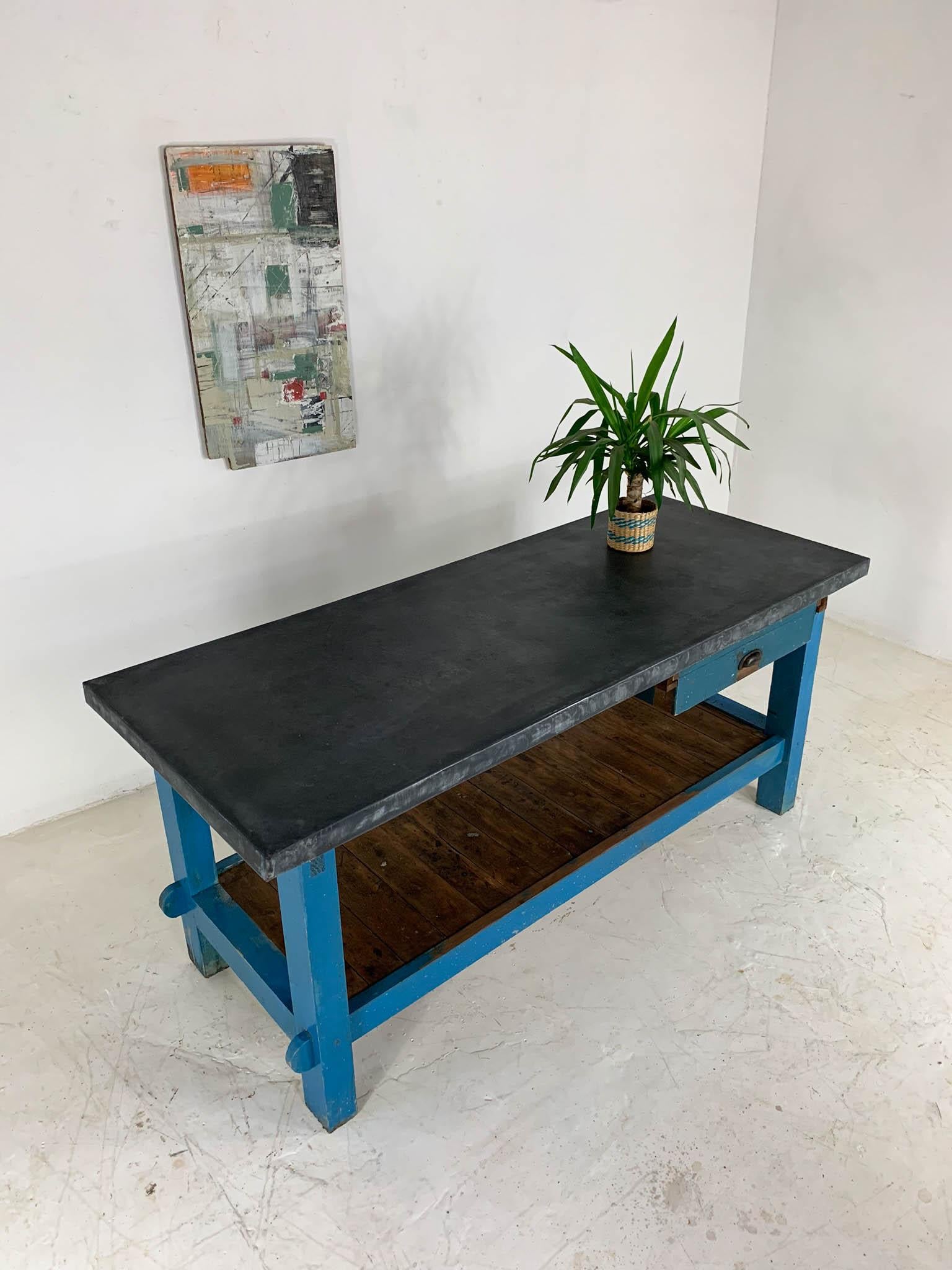 Vintage Industrial Painted Pine 'Potting Board' Table Workbench with Zinc Top 10