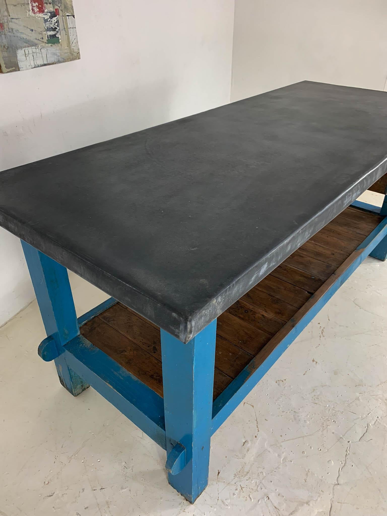 English Vintage Industrial Painted Pine 'Potting Board' Table Workbench with Zinc Top