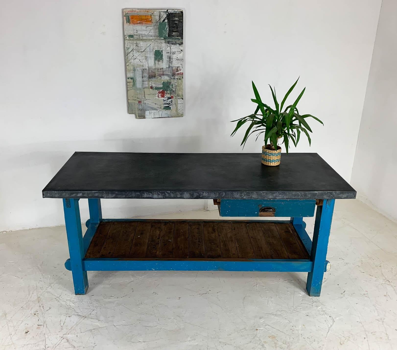 20th Century Vintage Industrial Painted Pine 'Potting Board' Table Workbench with Zinc Top