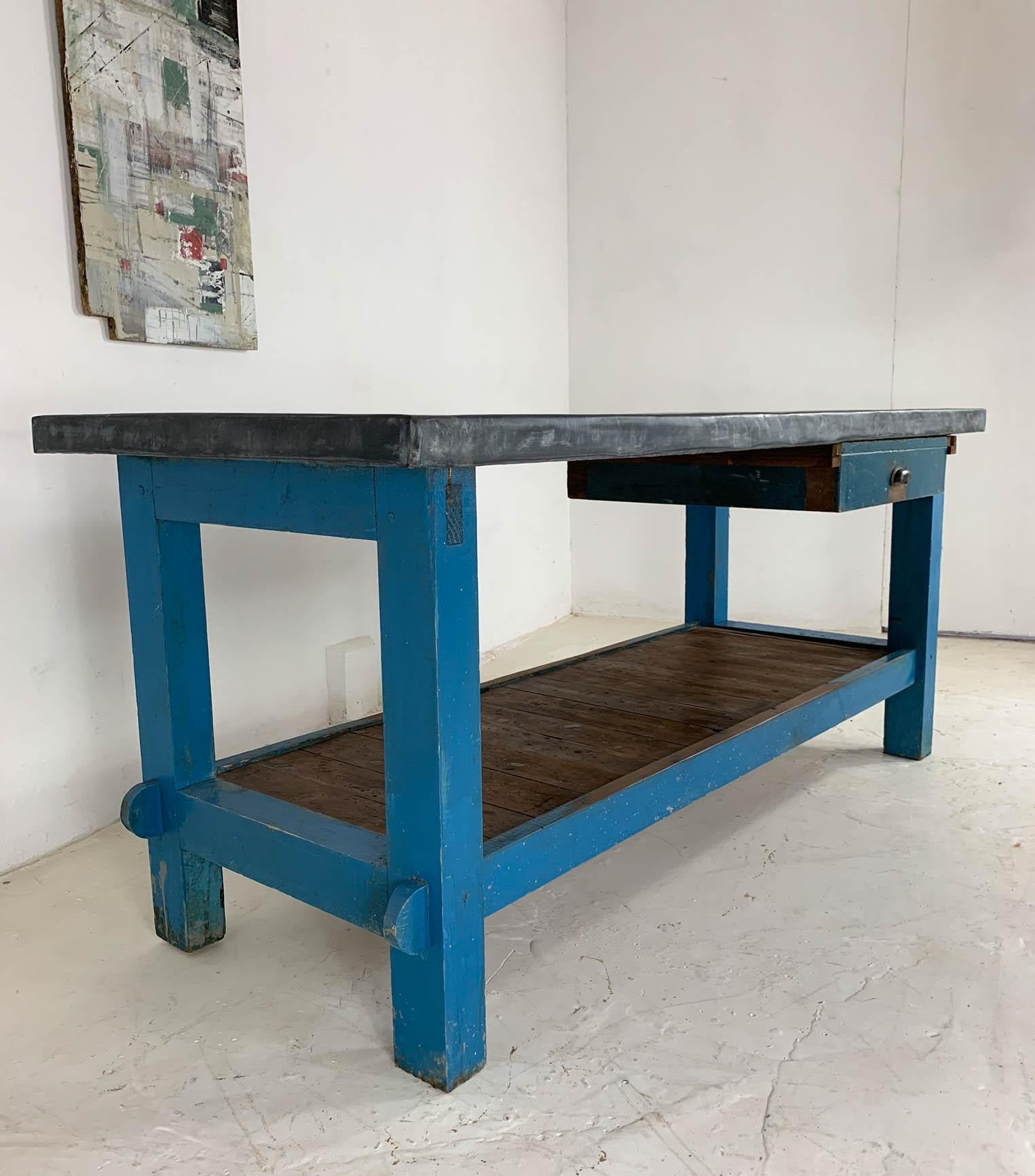 Vintage Industrial Painted Pine 'Potting Board' Table Workbench with Zinc Top 1