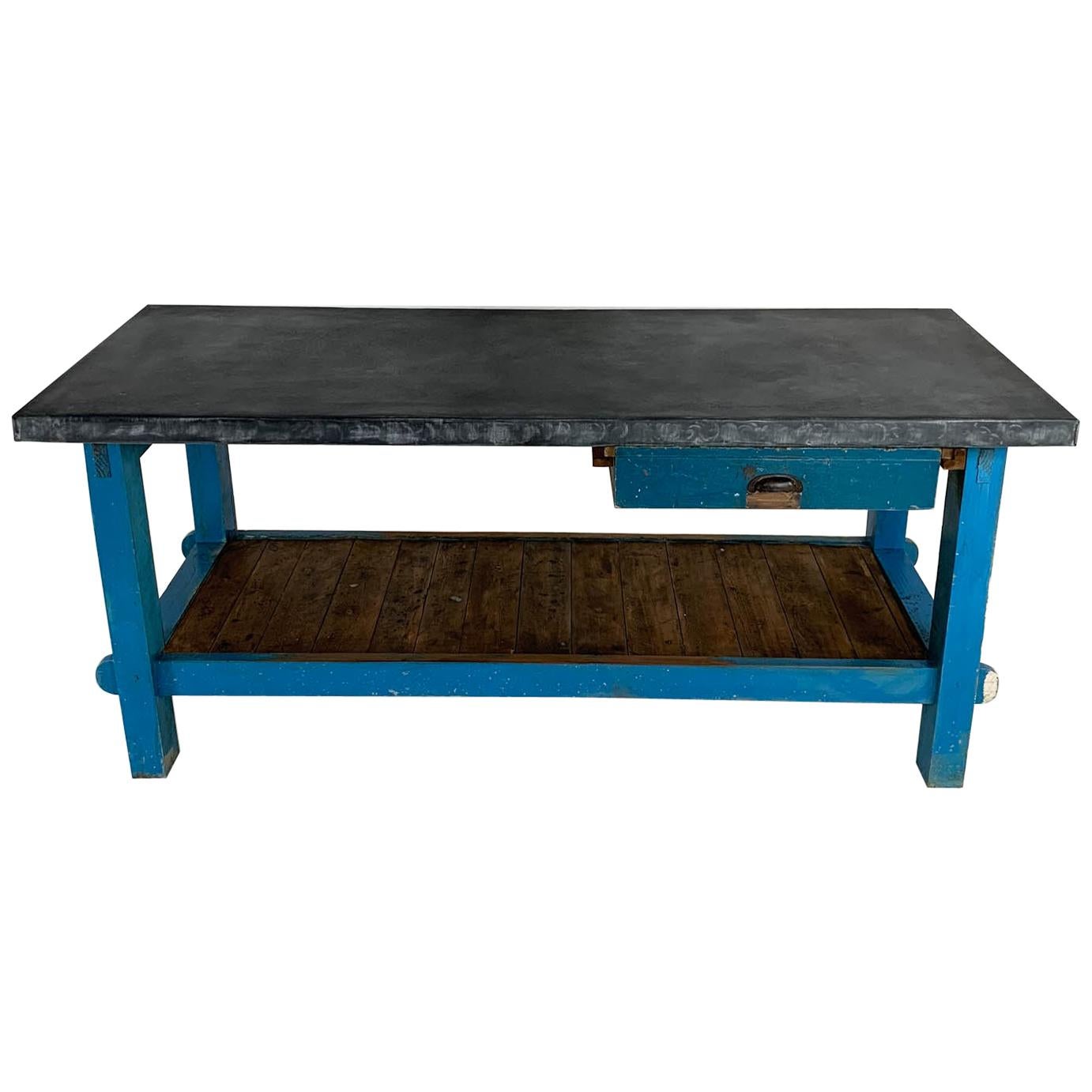 Vintage Industrial Painted Pine 'Potting Board' Table Workbench with Zinc Top