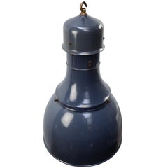 Vintage Industrial Pendant Light, Blue Enamel & Brass, Mid-Century