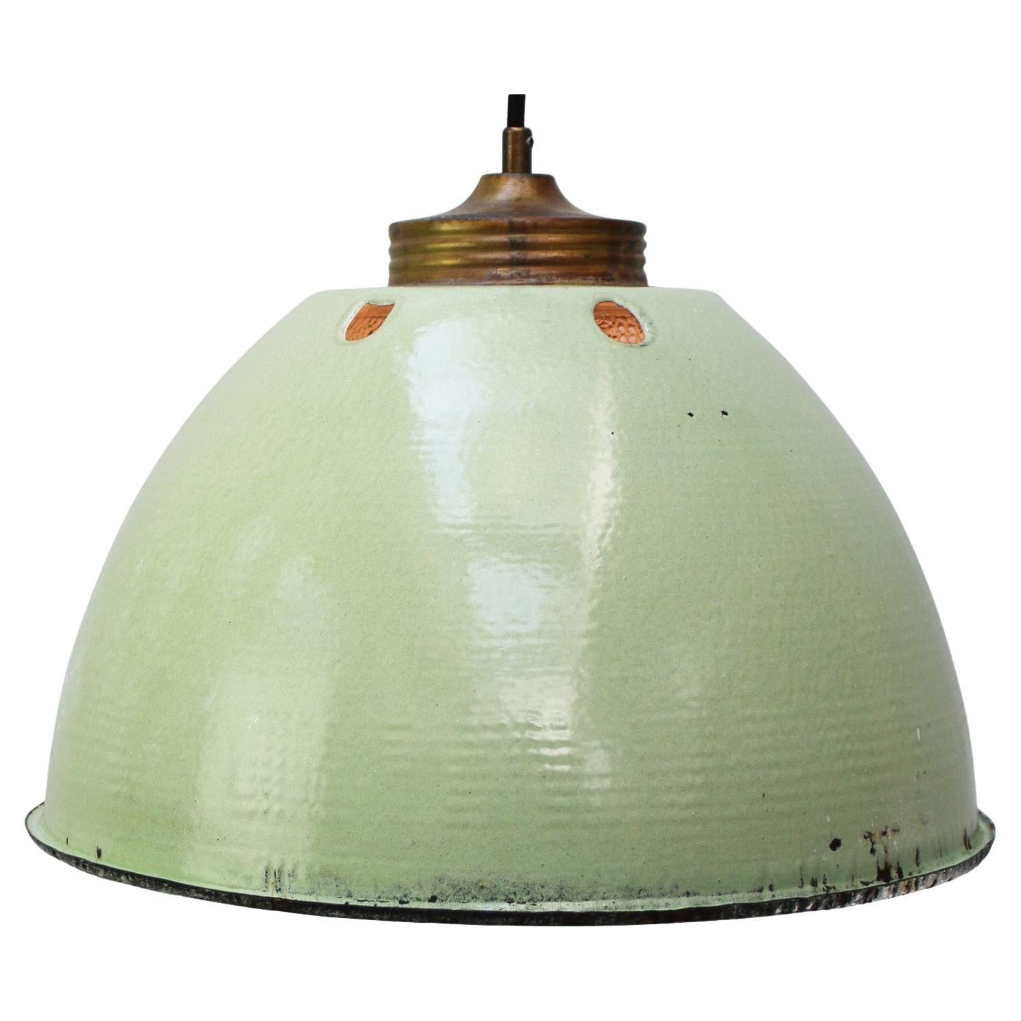 Vintage Industrial Pendant Lights, Green Enamel 
Brass, Mid-Century