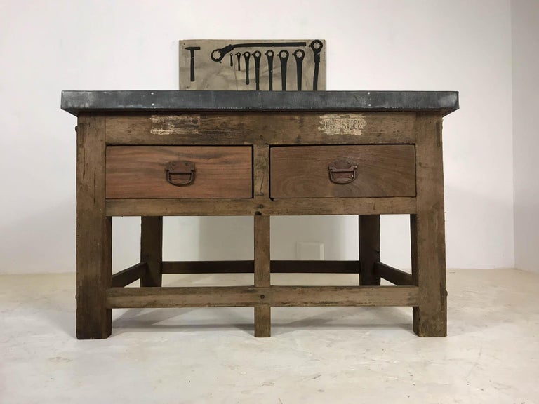 Vintage Industrial Pine Printers Table Zinc Top Kitchen Island